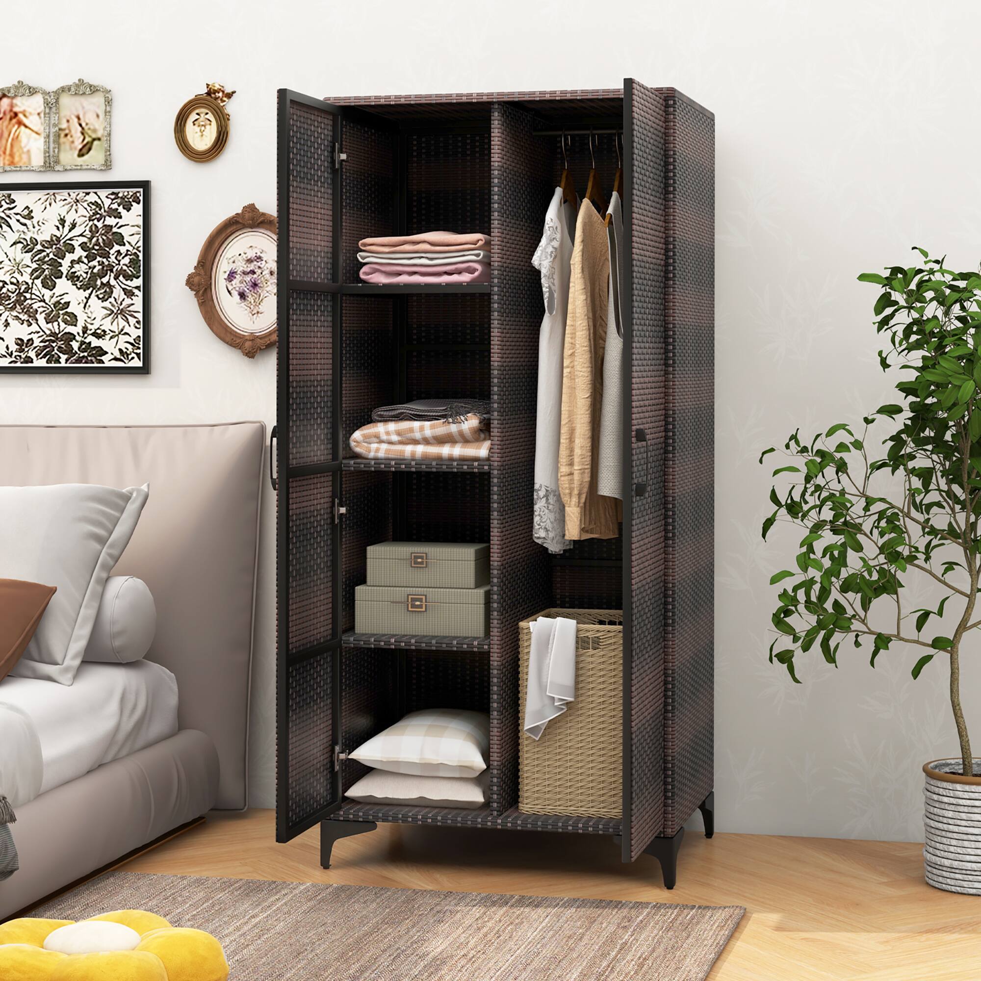 Alt View 3. Gymax - Gymax 62'' Wicker Wardrobe w/ 2 Doors Hanging Rod & 4 Storage Cubes for Home Patio Mix Brown - Mix Brown.
