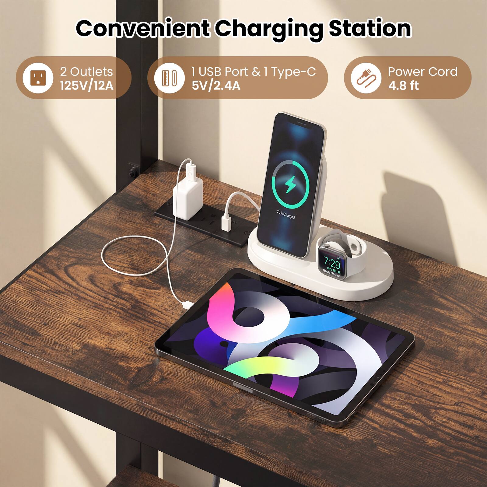 Convenient Charging Station  
2 Outlets 125V/12A  
1 USB Port & 1 Type-C 5V/2.4A  
Power Cord 4.8 ft  
7:29 S - - AS - - n