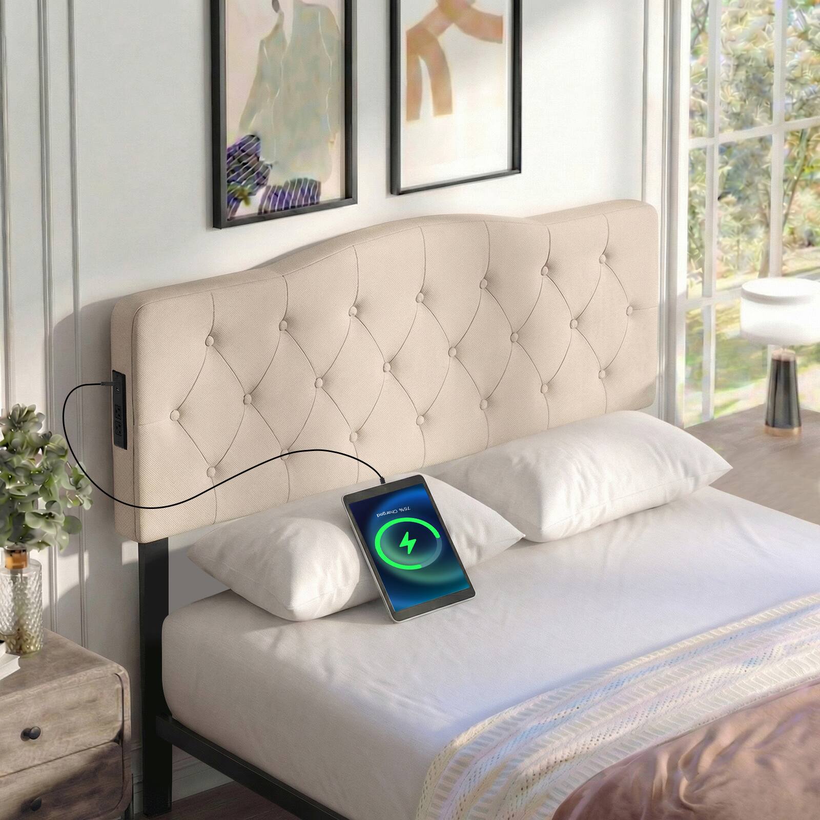 Alt View 4. Gymax - Gymax Headboard for Queen & Full Size Bed Tufted Upholstered Head Board w/2AC Outlets Beige - Beige.