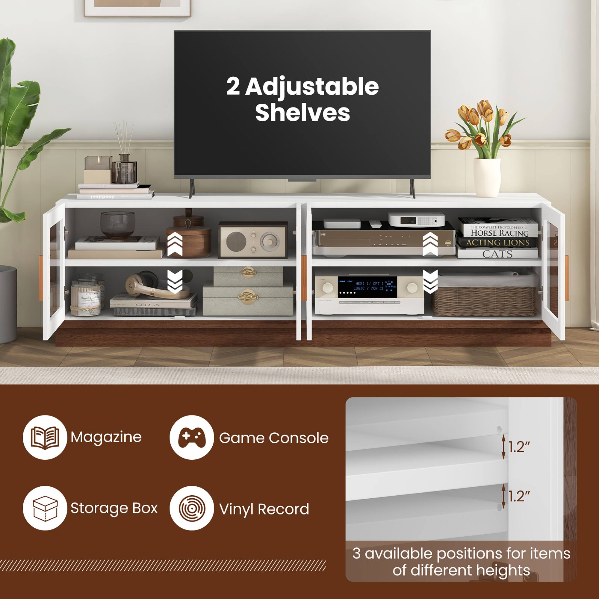 2 Adjustable Shelves - Magazine - Game Console - Storage Box - Vinyl Record - 1.2" - 1.2" - 3 available positions for items of different heights