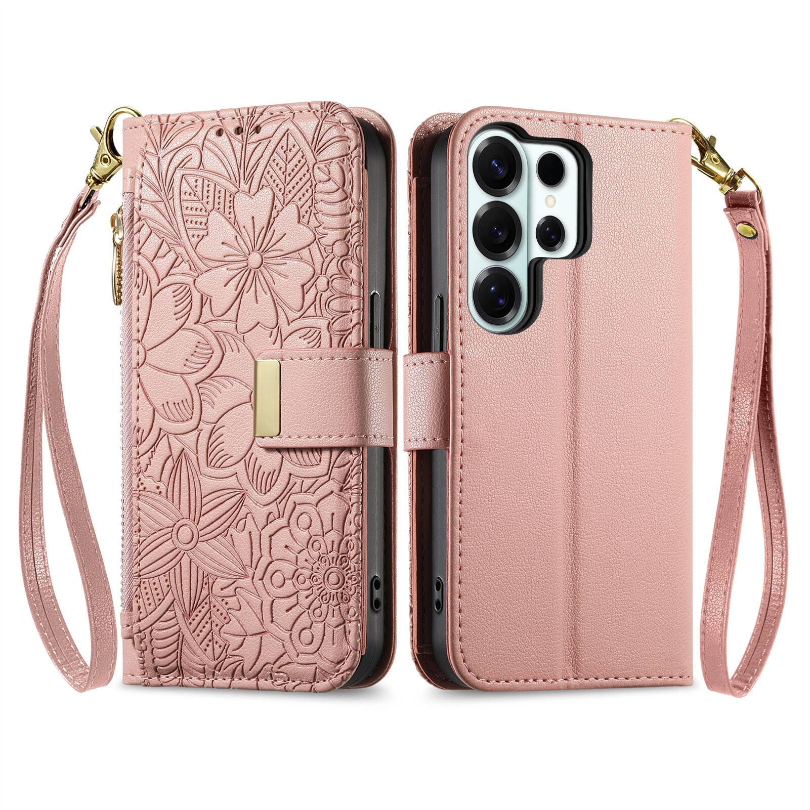Angle. UUCOVER - Floral PU Leather Wallet Case for Samsung Galaxy S26 Ultra with Zipper Pocket, Cash Card Slot, Shoulder & Wrist Strap - Rosegold.