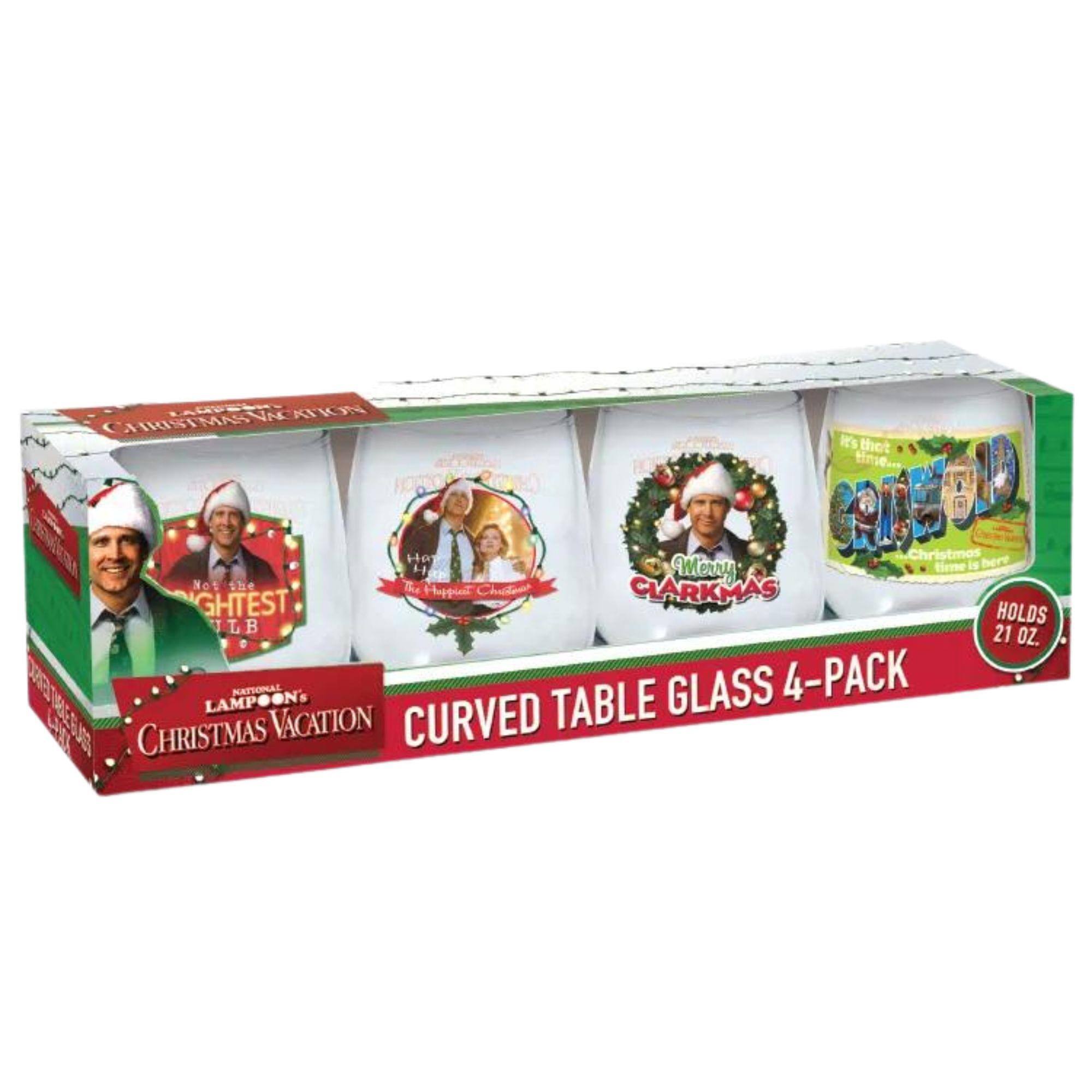 LAMPION'S CHRISTMAS VACATION CURVED TABLE GLASS 4-PACK  
It's thet CAA Ha OTON Christmos H Merry time is here Not she Chalkeno CLARKMAS Happint GHTEST HOLDS TLB L 21 OZ.