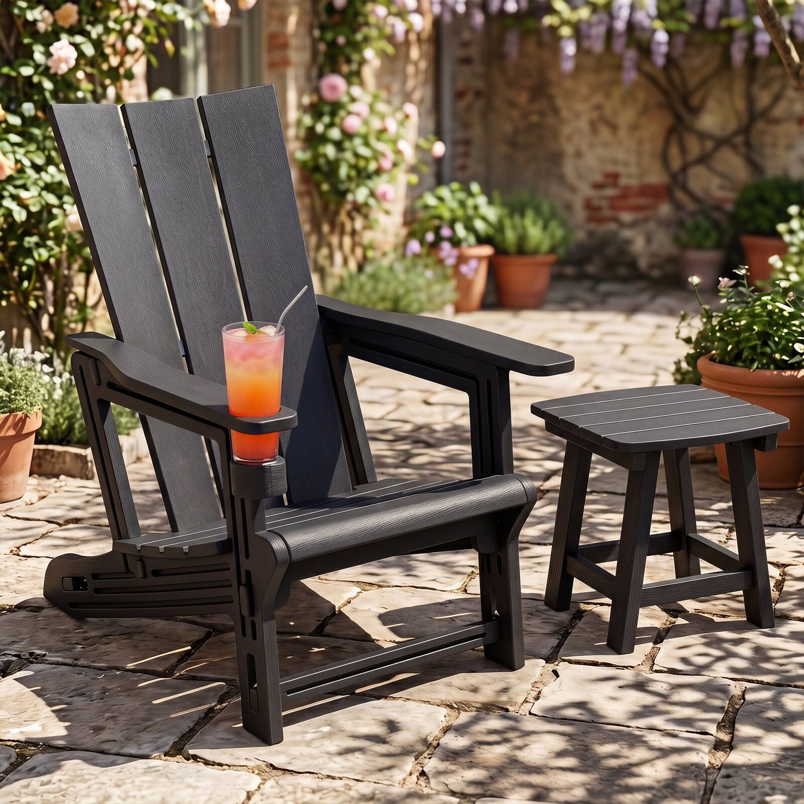 Alt View 1. Gymax - Gymax Adirondack Chair w/ Cup Holder All-Weather HDPE Plastic Outdoor Patio Chair - Black.