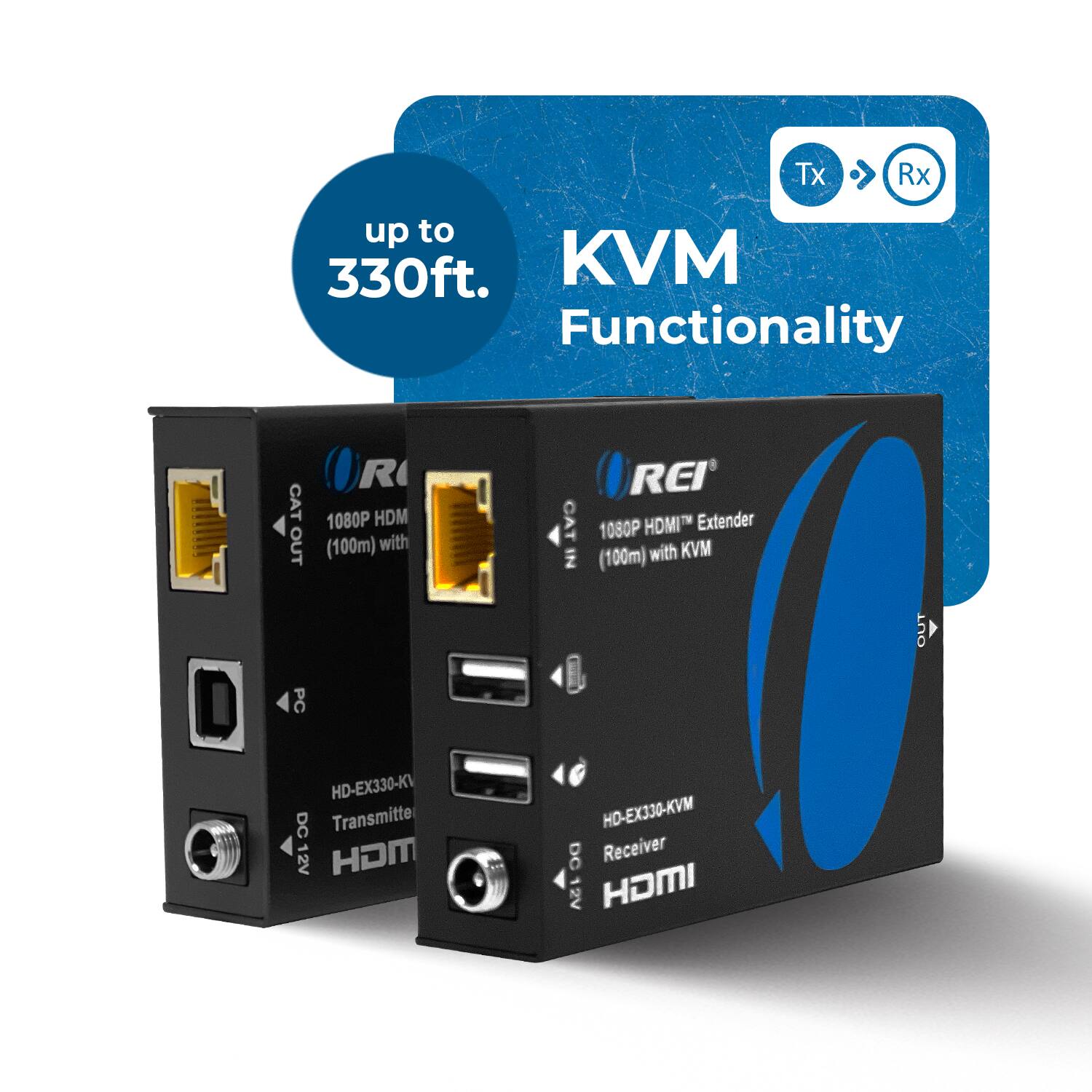 The text on the image can be grouped and corrected as follows:

- **Transmission and Reception:**
  - TX RX up to 330ft.

- **Functionality:**
  - KVM Functionality

- **Specifications:**
  - CAT OUT R 1080P HDMI (100m)
  - CAT IN IN REI 1080P HDMI Extender (100m)
  - KVM OUT PC

- **Product Names:**
  - HD-EX330-K DC Transmitter 12V
  - HD-EX330-KVM DC Receiver 12V

- **Additional Information:**
  - 1080P HDMI Extender (100m with KVM)