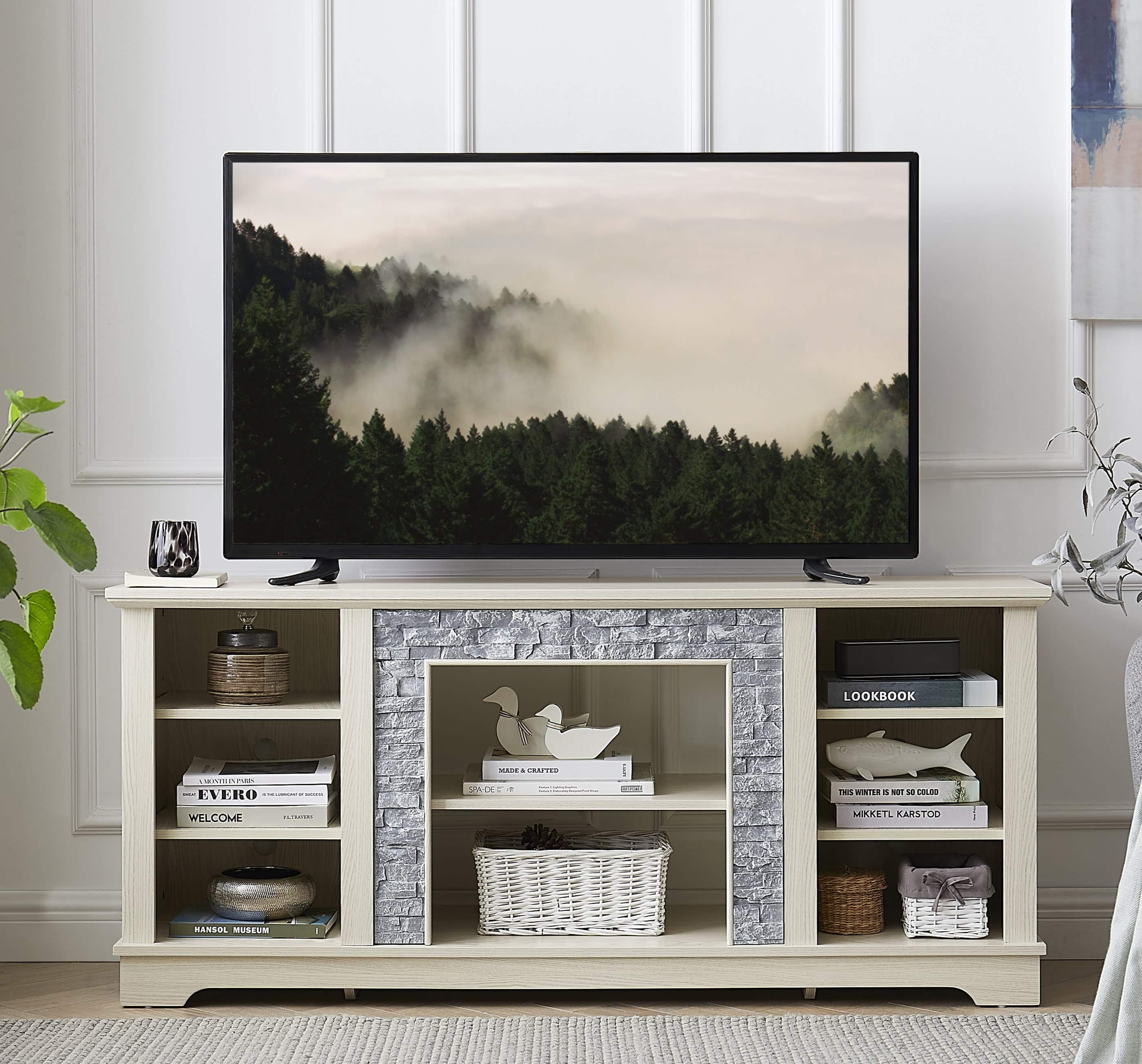 Boyel Living - 58.31In Mantel Stone TV Media Stand with Faux Stacked Stone Surround Open Storage Space - White