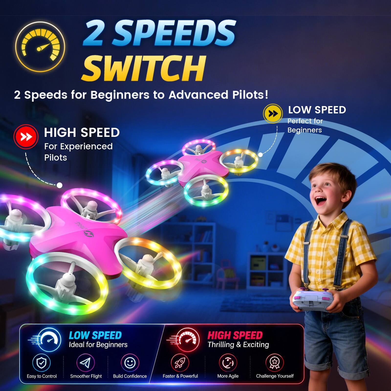 2 SPEEDS SWITCH  
2 Speeds for Beginners to Advanced Pilots!  

LOW SPEED  
Perfect for Beginners  

HIGH SPEED  
For Experienced Pilots  

LOW SPEED  
Ideal for Beginners  

HIGH SPEED  
Thrilling & Exciting  

Easy to Control  
Smoother Flight  
Build Confidence  
Faster & Powerful  
More Agile  
Challenge Yourself