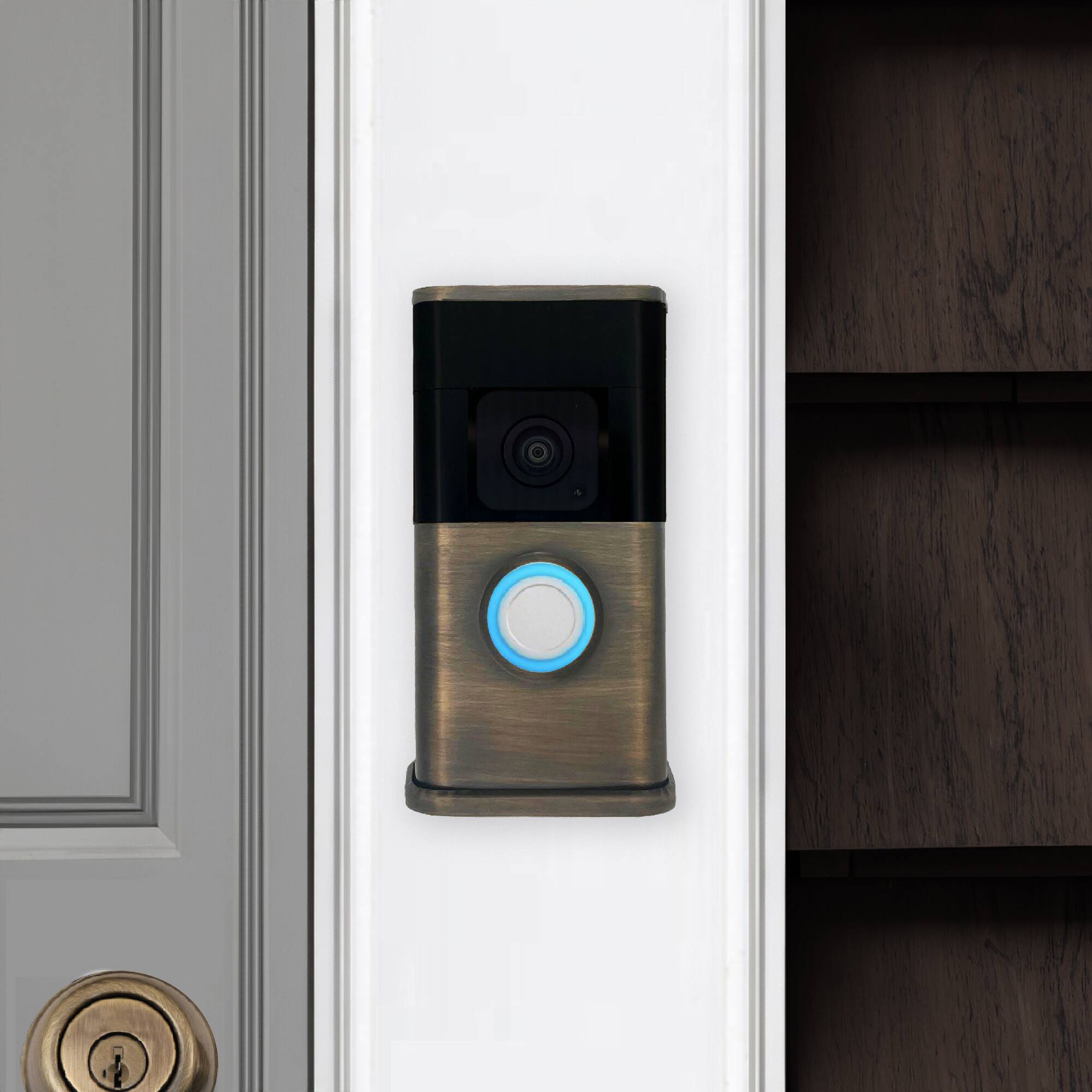 Alt View 3. Michael Healy - Traditional Video Doorbell Cover (Ring 3, 3 Plus, 4, Battery Plus and Battery Pro) - Antique Brass.