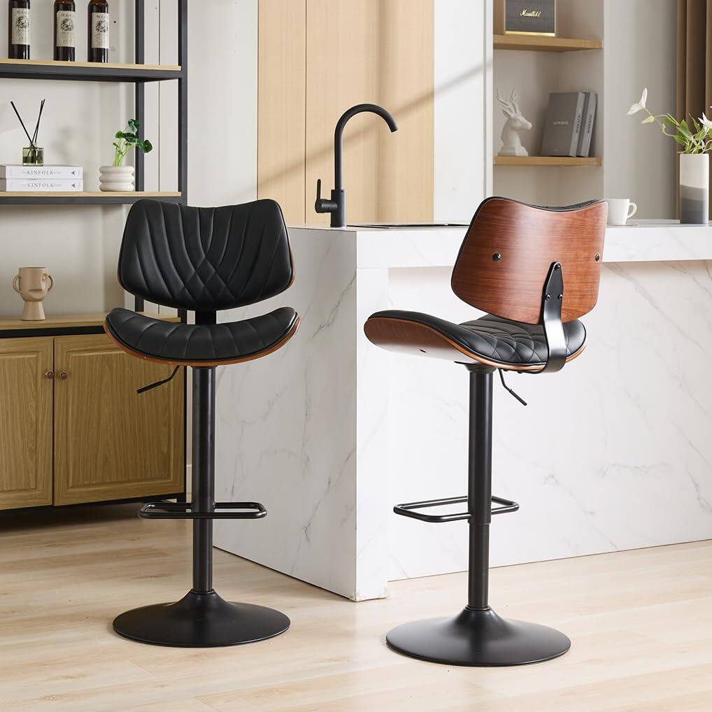 Glintex - Walnut Bentwood Bar Stools , Adjustable Counter Height Black Leather Upholstered 360°Swivel , 1 chair/1carton - Black PU