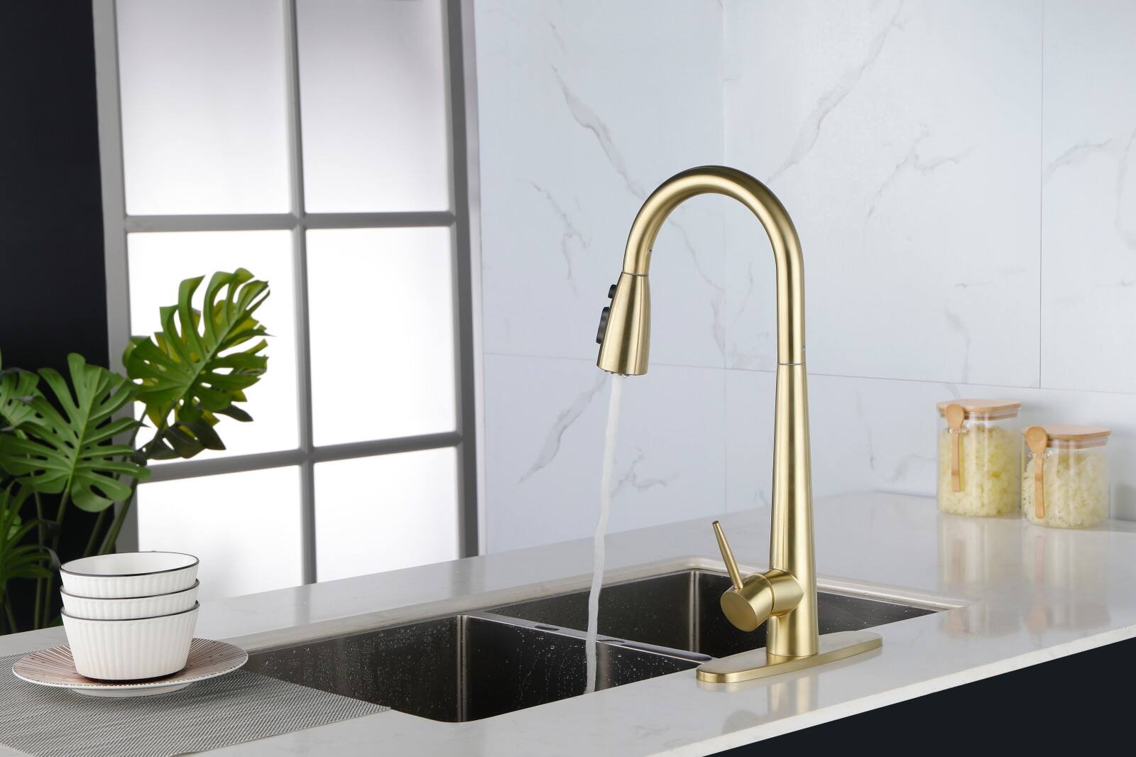 Alt View 1. Glintex - Kitchen Faucet with Pull Down Sprayer , High Arc Single Handle with Deck Plate, Modern Stainless Steel Kitchen Faucets - Gold.