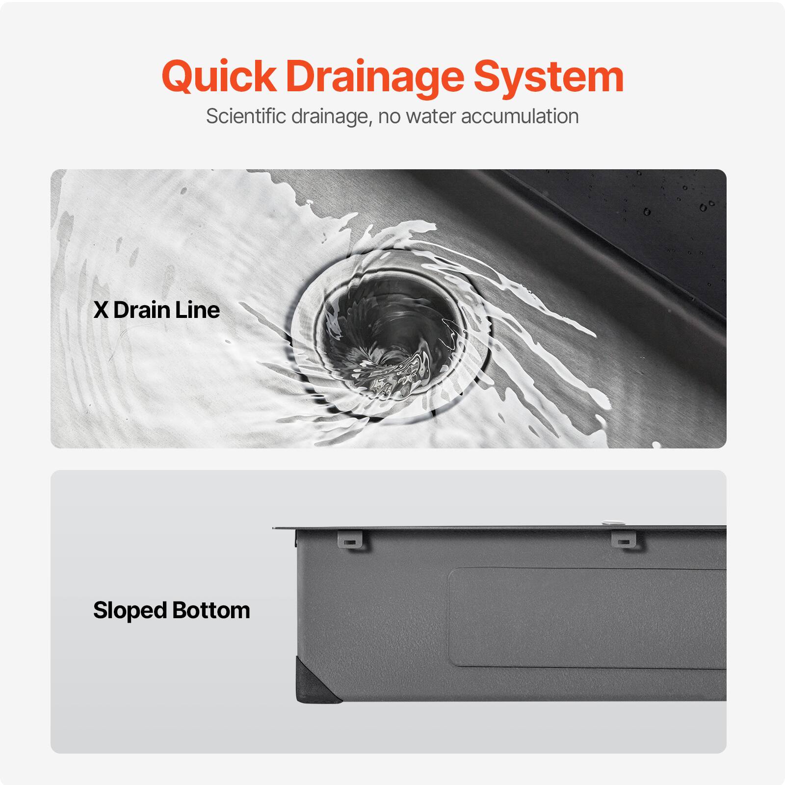 Quick Drainage System
Scientific drainage, no water accumulation
X Drain Line
Sloped Bottom