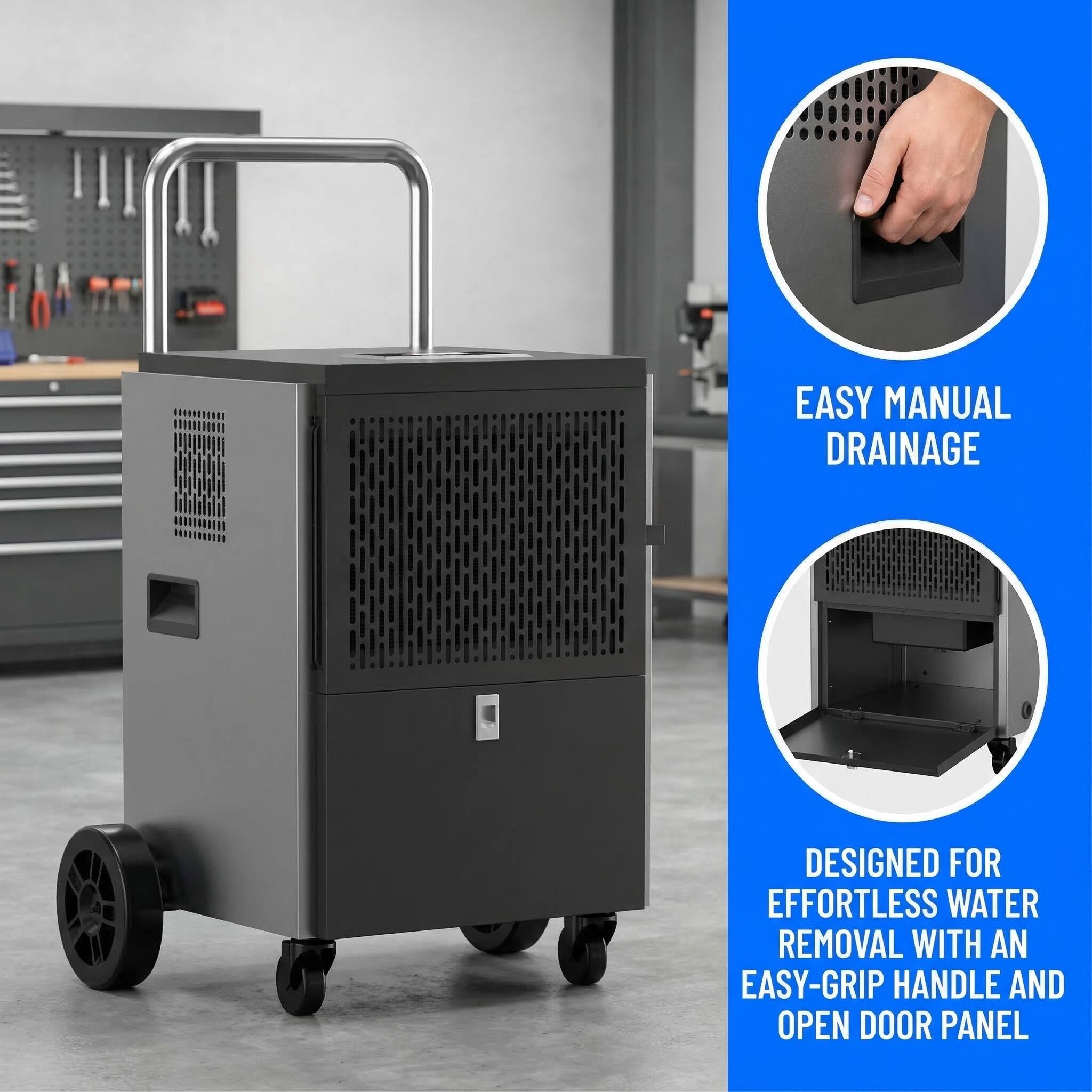 EASY MANUAL DRAINAGE  
DESIGNED FOR EFFORTLESS WATER REMOVAL WITH AN EASY-GRIP HANDLE AND OPEN DOOR PANEL