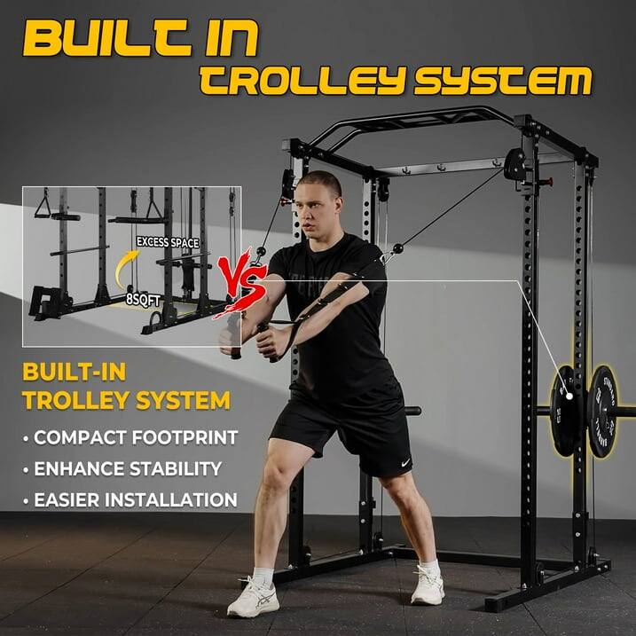 BUILT IN CROLLEY SYSTEM EXCESS SPACE 8SQFT VS BUILT-IN TROLLEY SYSTEM COMPACT FOOTPRINT ENHANCE STABILITY EASIER INSTALLATION