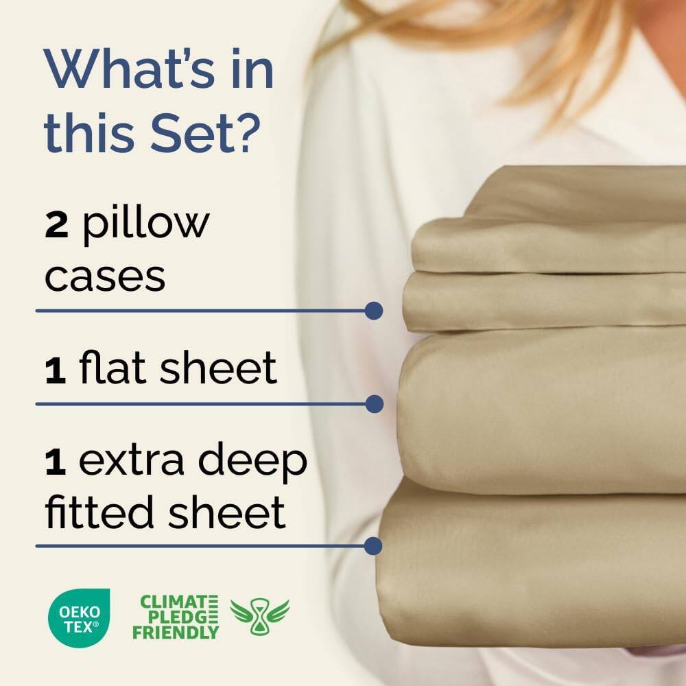 What's in this Set?

- 2 pillow cases
- 1 flat sheet
- 1 extra deep fitted sheet

CLIMATE PLEDGE FRIENDLY

OEKO TEX