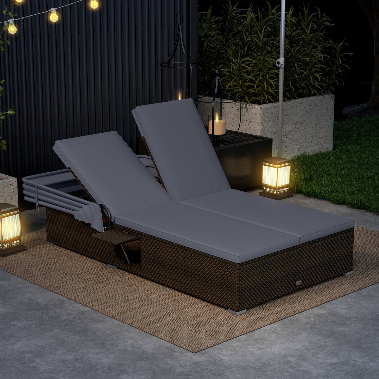 Alt View 1. Gymax - Gymax 2-person Rattan Lounge Bed w/ Retractable Canopy 5-position Adjustable Backrest Gray - Brown.