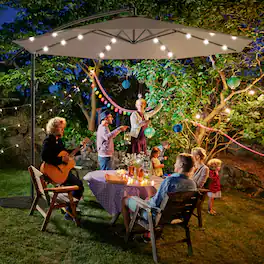 Gymax - 10Ft Patio Solar LED Outdoor Offset Hanging Umbrella w/ 24 Lights - Tan