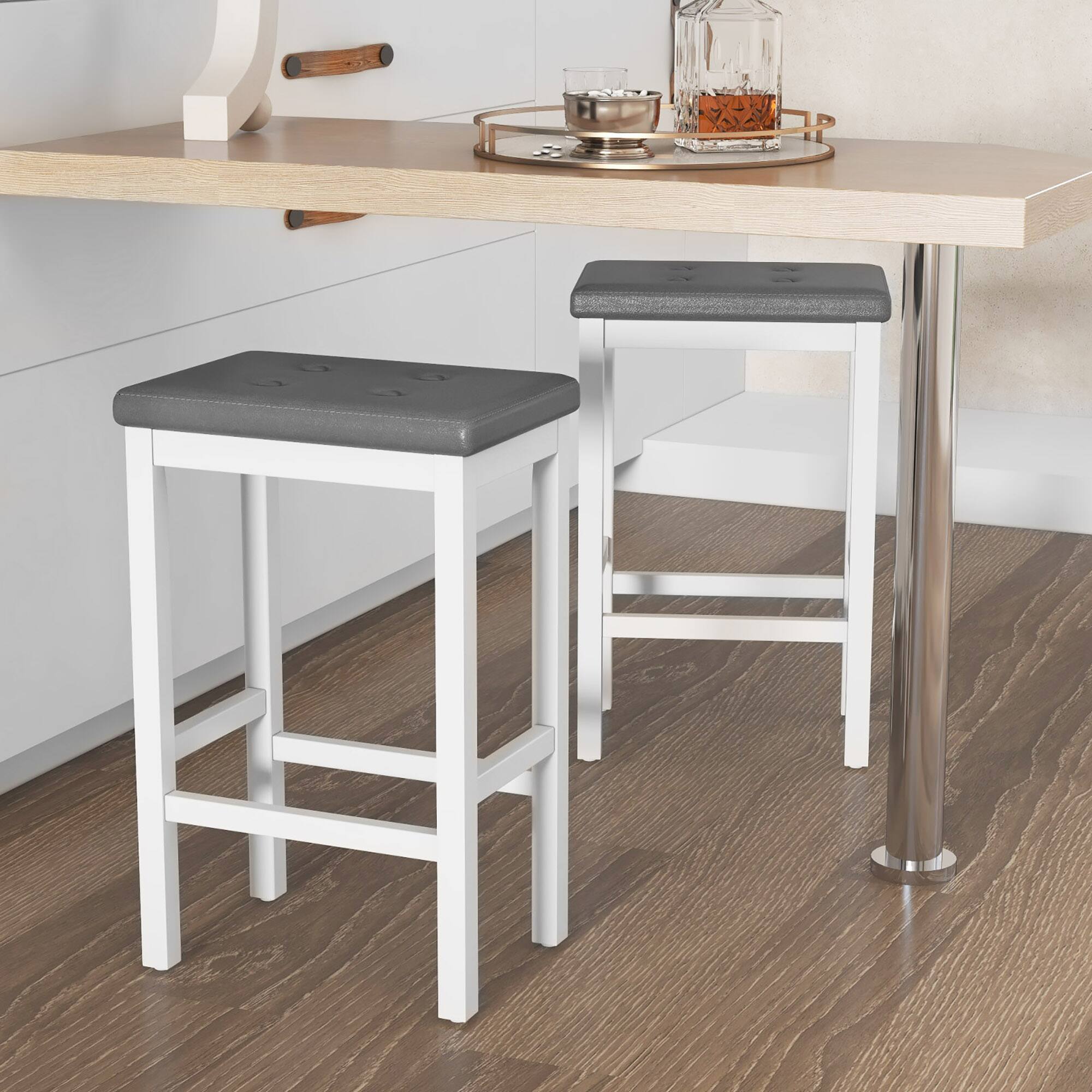 Alt View 5. Gymax - Gymax 24'' Upholstered Bar Stools Set of 4 Home Kitchen Stools w/ Solid Wood Support Legs Gray & White - Gray, White.