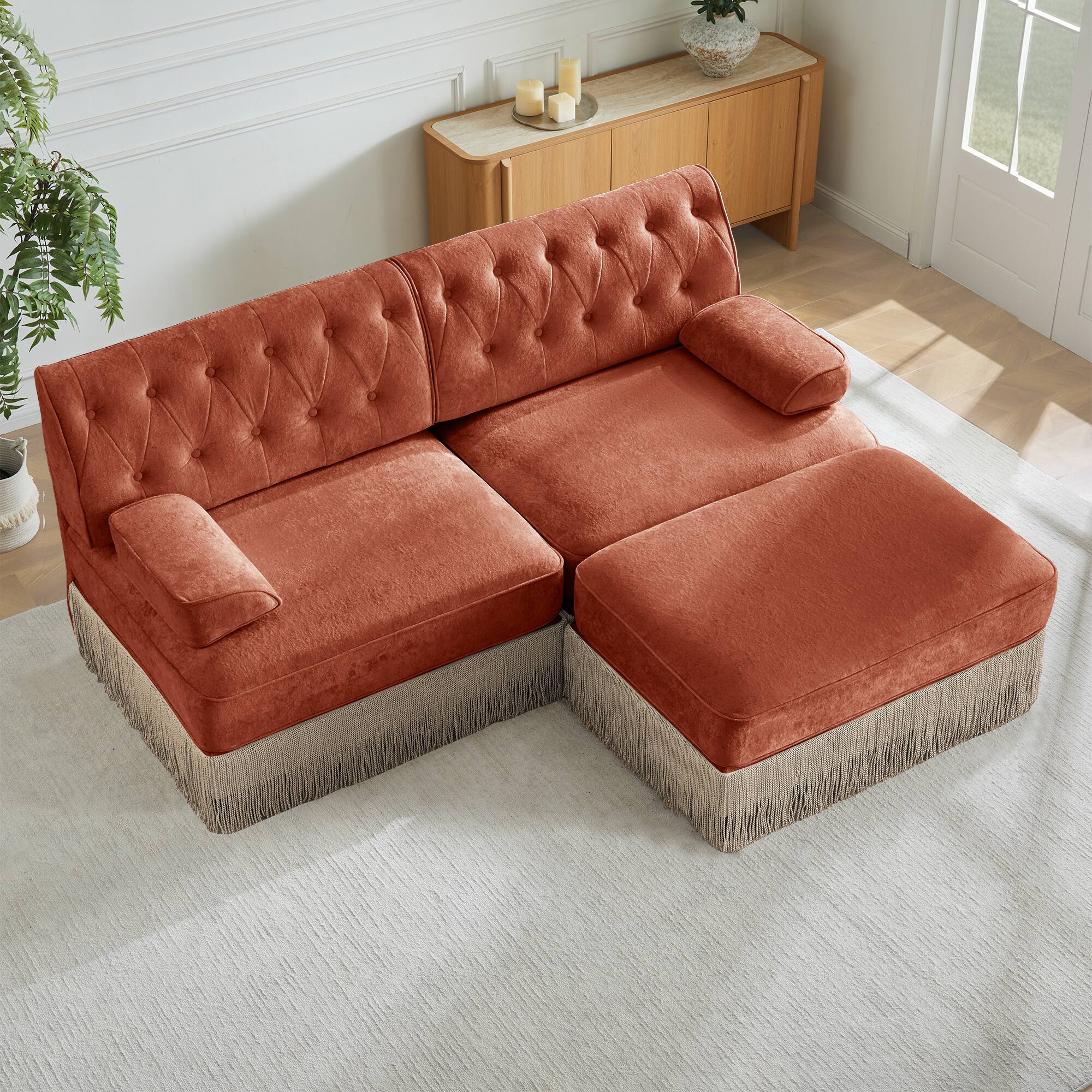 Angle. LOVMOR - Velvet Modular Couch L Shaped Compressed Pack For Living Room Bedroom Den Soft Modern Lounge Indoor Elegant TV - Red+Brown.