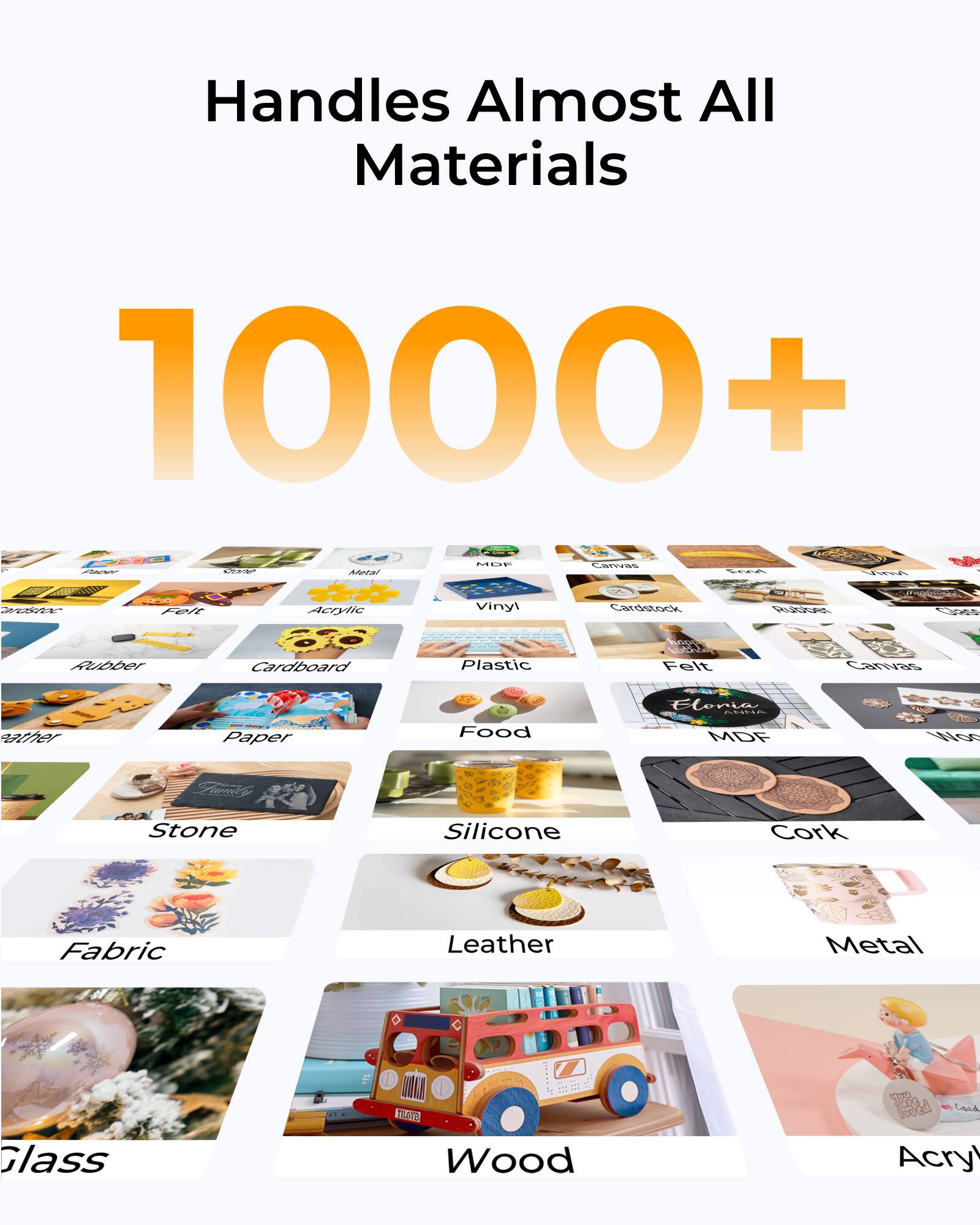 Handles Almost All Materials  
1000+  

- Acrylic  
- Vinyl  
- Cardstock  
- Rubber  
- Cardboard  
- Plastic  
- Felt  
- Canvas  
- MDF  
- Wood  
- Stone  
- Silicone  
- Cork  
- Fabric  
- Leather  
- Metal  
- Glass  
- Paper  
- Food  
- Eloria  
- Chibs  
- Addaaa