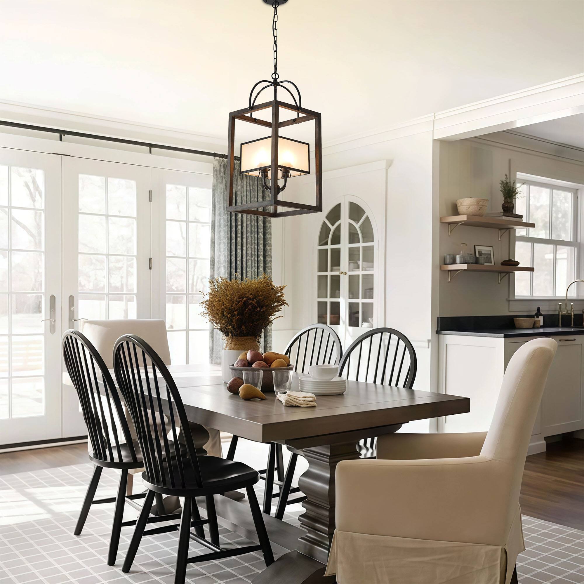 Back. RYHNUYNE - Farmhouse Wood Pendant Light, Square Lantern Chandelier for Kitchen Island Foyer, Adjustable Dimmable - Brown.