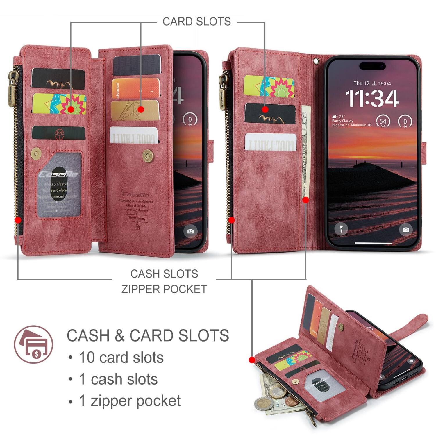 CARD SLOTS

driance FAMIT 7000

4

Thu 12 & 19:04 11:34 23' Partly Cloudy 54 0 Highest 21' Minimum 20 AQI

aselle

of Be sy and elegar personal

Caseme persona Chander A,9nd 

CASH SLOTS ZIPPER POCKET

CASH & CARD SLOTS
- 10 card slots
- 1 cash slots
- 1 zipper pocket

M 2013 50