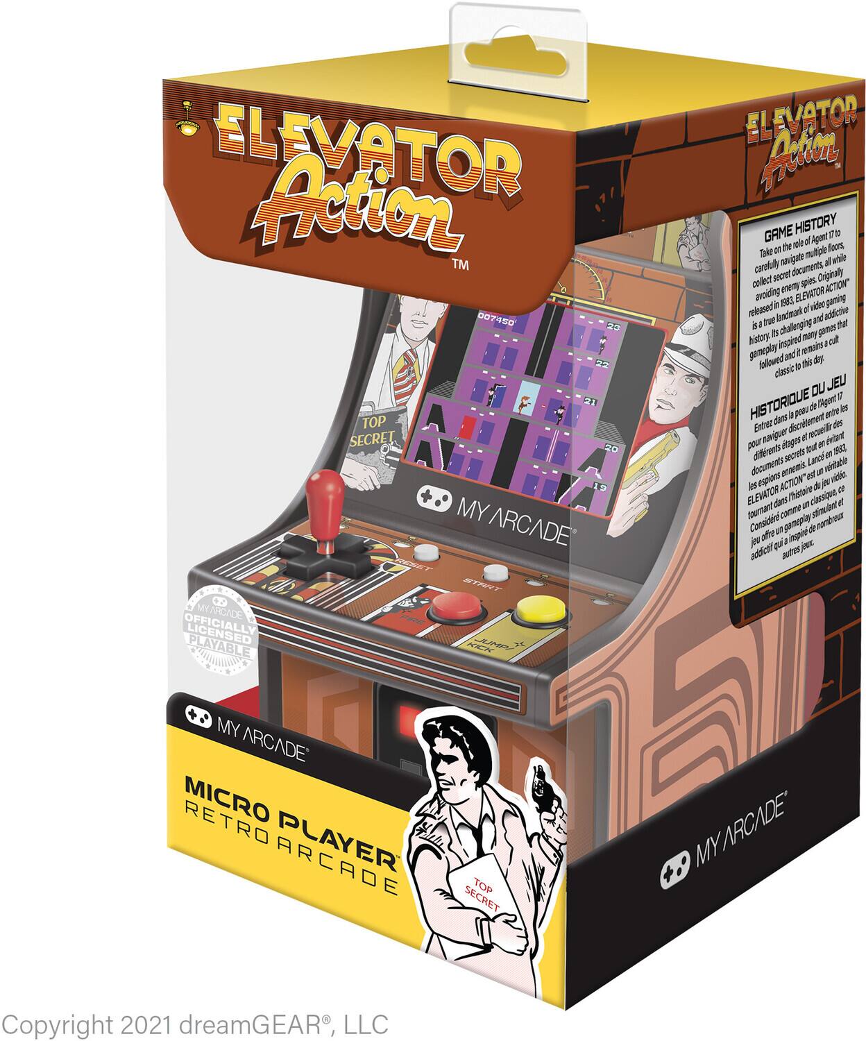**Elevator Action™**

**TOP SECRET**

**MY ARCADE LICENSED PLAYABLE**

**MICRO PLAYER RETRO ARCADE**

**GAME HISTORY**

Take on the role of Agent 17 to carefully navigate multiple floors, collect secret documents, while avoiding 88 enemies. Originally released in 1982, ELEVATOR ACTION is a true landmark of addictive gaming history. Its challenging gameplay and addictive nature inspired countless classic this DU JEU

**HISTORIQUE DU JEU**

Entrez dans l'histoire de l'agent 17 pour ranger des documents secrets et éviter les ennemis. ELEVATOR ACTION est un jeu stimulant et amusant, qui offre une immersion renouvelée et addictive aux autres jeux.

**Copyright 2021 dreamGEAR®, LLC**