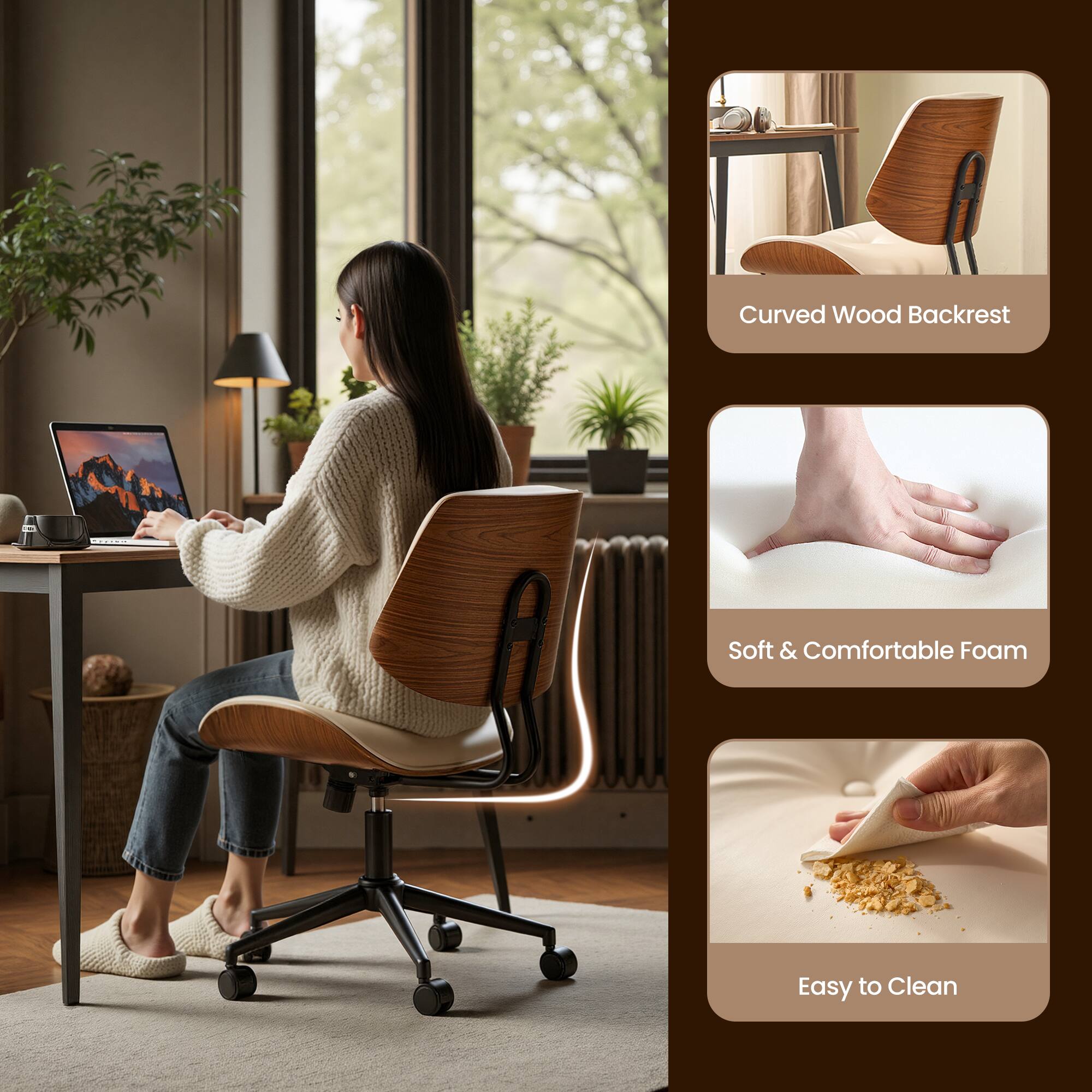 Curved Wood Backrest  
Soft & Comfortable Foam  
Easy to Clean