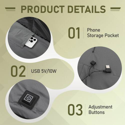 PRODUCT DETAILS

01 | Phone Storage Pocket

02 | USB 5V/10W

03 | Adjustment Buttons