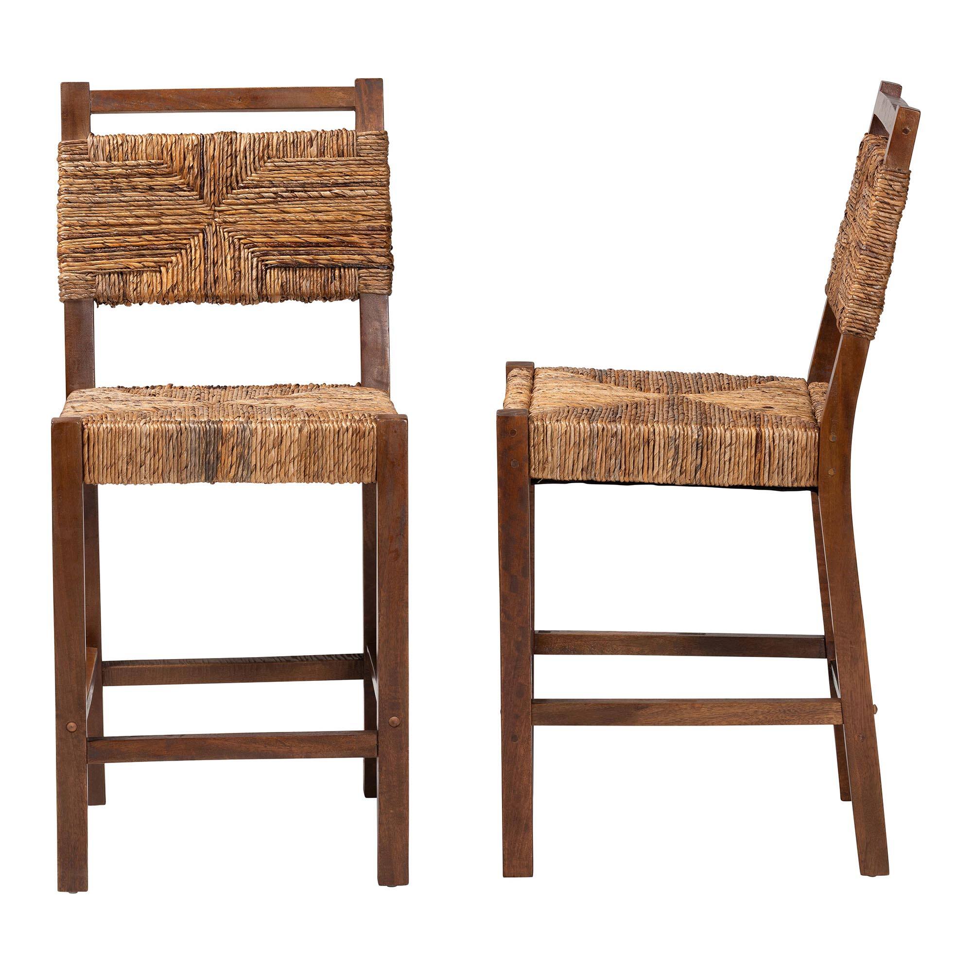 Left. bali & pari - Cordoba Bohemian Natural Seagrass and Mahogany Wood 2-Piece Counter Stool Set - Natural Seagrass/Teak.