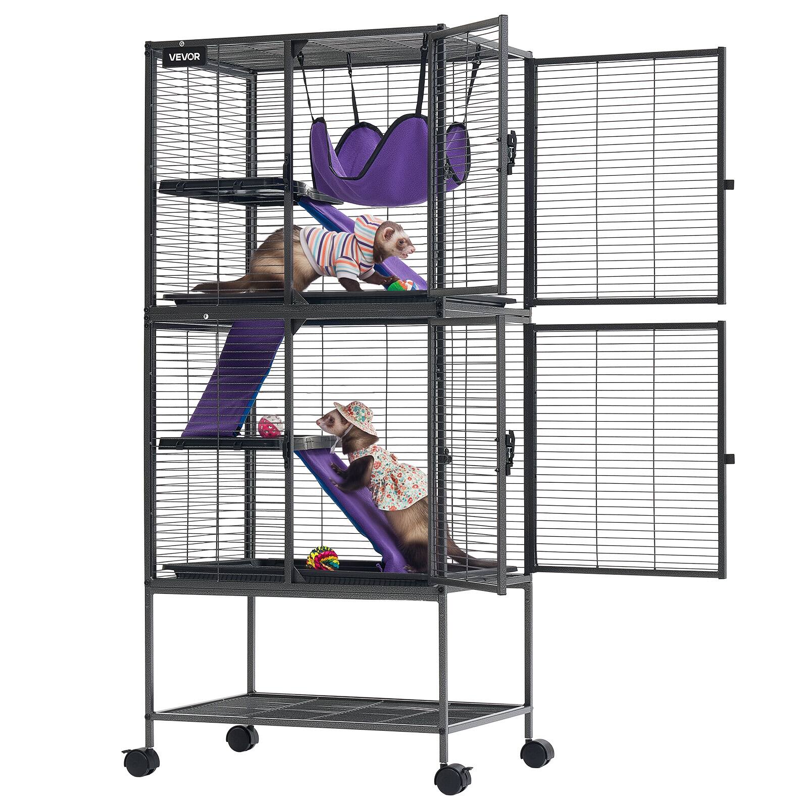 Front. VEVOR - Metal Small Animal Cage 54.3"H 4-Tier Rolling Ferret Cage On Wheels, 0.55" Wire Spacing Large Cages with Hammock, Ramps - Black with Silver Coating.