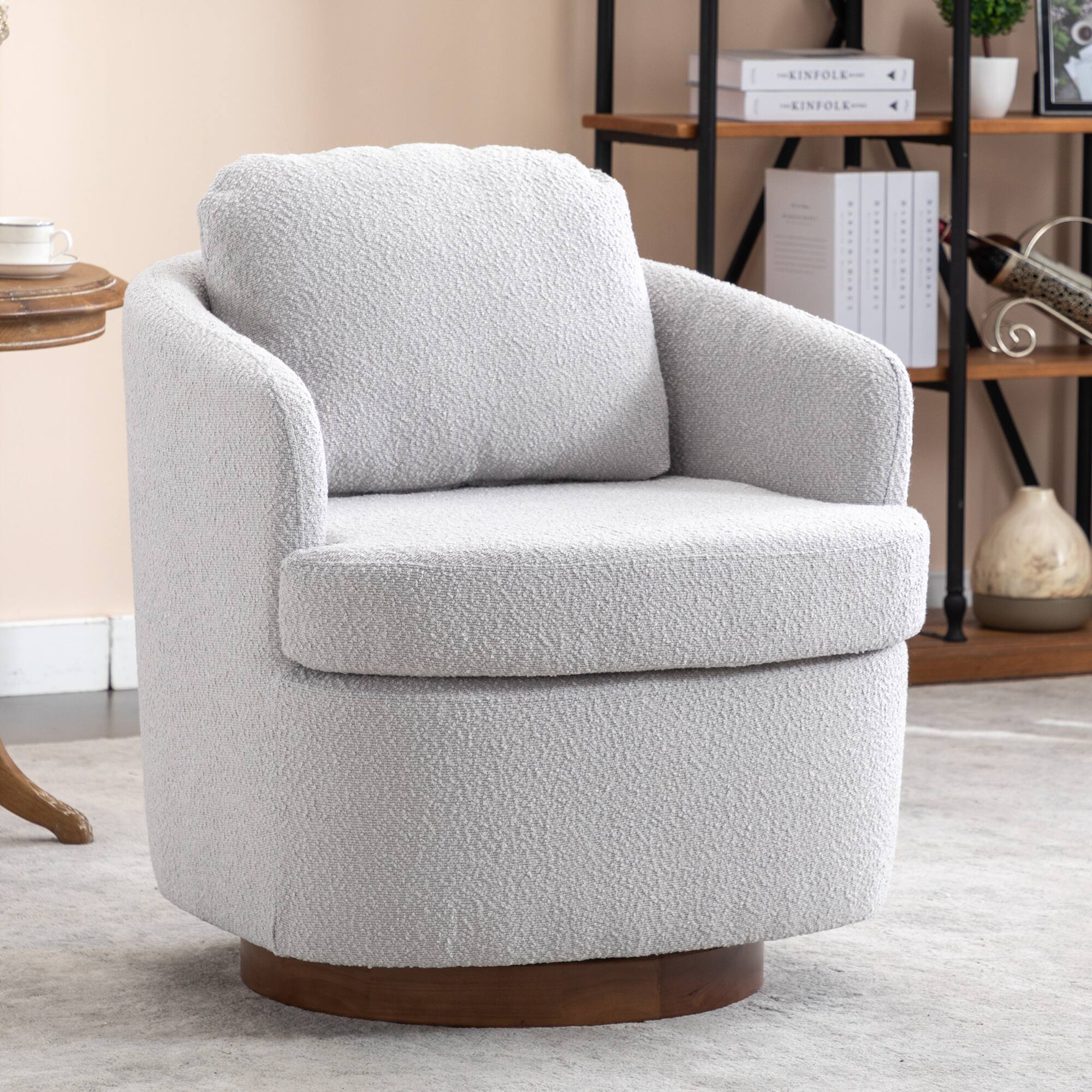 APRILSOUL- Fabric Swivel Accent Chair With Soild Wood Round Brown Base Leg Light- Gray