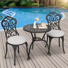 Nuu Garden - Patio 3-Piece Cast Aluminum Bistro Set with Cushions, Umbrella Hole - Black and Gray