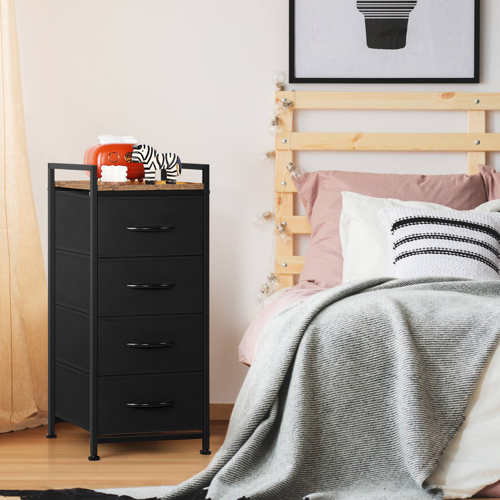 Alt View 2. Oumilen - 4-Drawer Rolling Fabric Storage Cart with Wood Top & Gray Drawers, Black - Black.