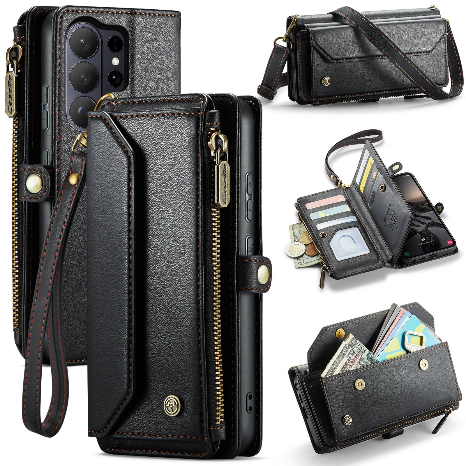 Left. Dteck - Wallet Case for Samsung Galaxy S26 Ultra, PU Leather RFID Blocking Card Holder Kickstand Cover with Crossbody Strap - Black.