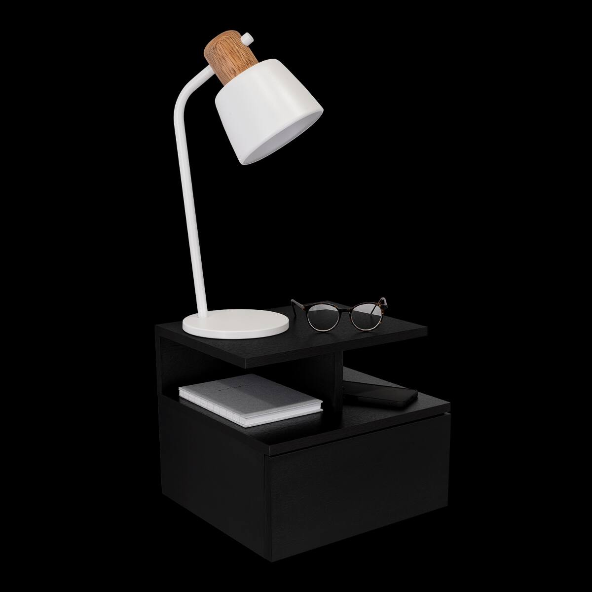 Alt View 2. Loheer - Loheer Black Floating Nightstand with Drawer and Divided Shelf, 14-Inch Wall-Mounted Bedside Table - Black.