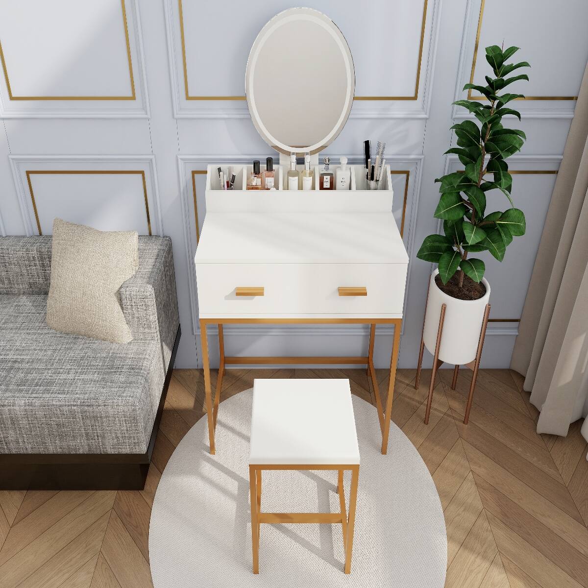 Alt View 2. Loheer - Loheer Makeup Vanity Set with Mirror and Stool, White and Gold, Compact - Ancient White.