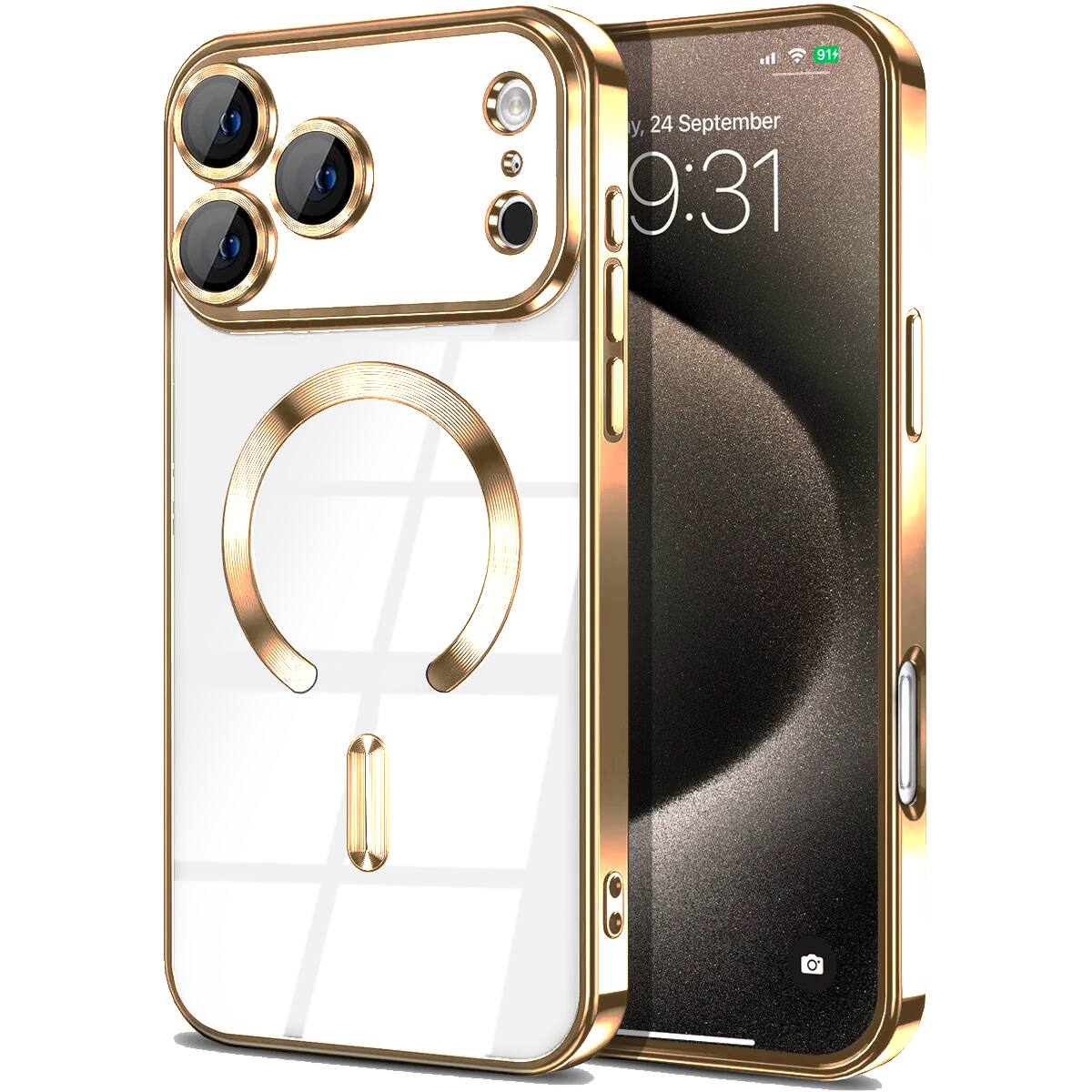 Entronix - Magnetic Case for iPhone 17 Pro - Clear Glossy Luxury Cover - Gold