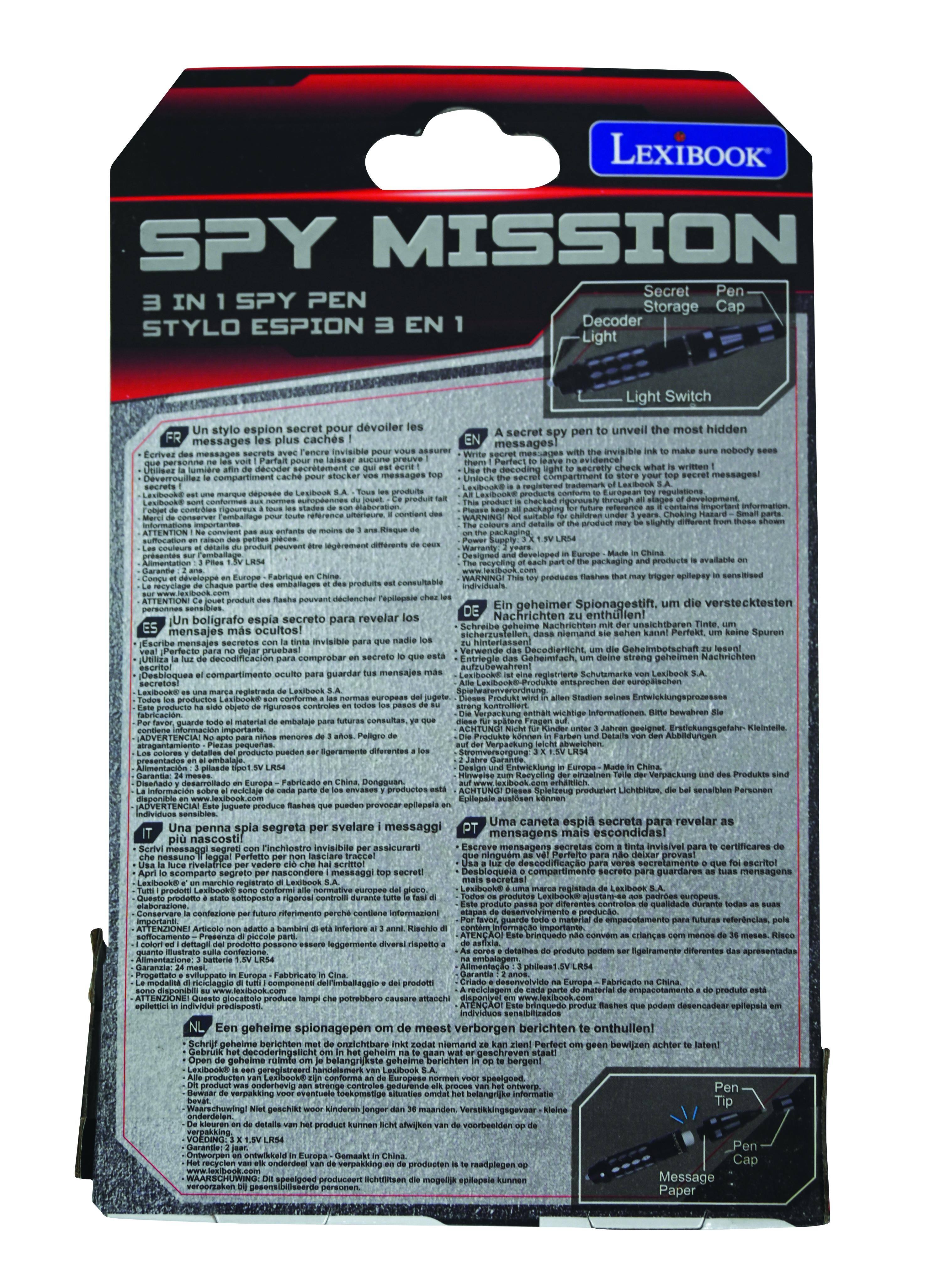 LEXIBOOK SPY MISSION Secret Pen 3 IN 1 SPY PEN Storage Cap ESPION 3 EN Decoder STYLO Light Light Switch stylo espion secret pour dévoiler messages plus cachés Ecrivez Utilisez et codez secrètement Déverrouillez compartiment secret révéler les plus cachés nobody secretty Leegeacom LesSbook rough eferemce ATTENTION unocaon prdeertes nevelopee recy-clage boligrafo espia para revelar mensajes ocultos! secretos  Perfecto ruebas! decodificacin secrato eoorital Desbioquea guardar vbocs Lesbook rigurenos controdes prodhucts apilepey geheimer Spionagestift, Schreibe Nachrichten unsichtbar Pertekt Geheimbotachan Entriegie geheimen Lexbook Sauren podco Pelgre aeeichen gesignet Produkte earomado reciclaje poinodupent Lichaide senalbien Personen rsn produce Uma caneta espia para revelar penna spia segreta svelare messaggi mensagens mais escondidas! nascosti! segred 'inchiest