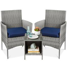 Best Choice Products - 3-Piece Outdoor Wicker Conversation Patio Bistro Set, w/ 2 Chairs, Table - Gray/Navy
