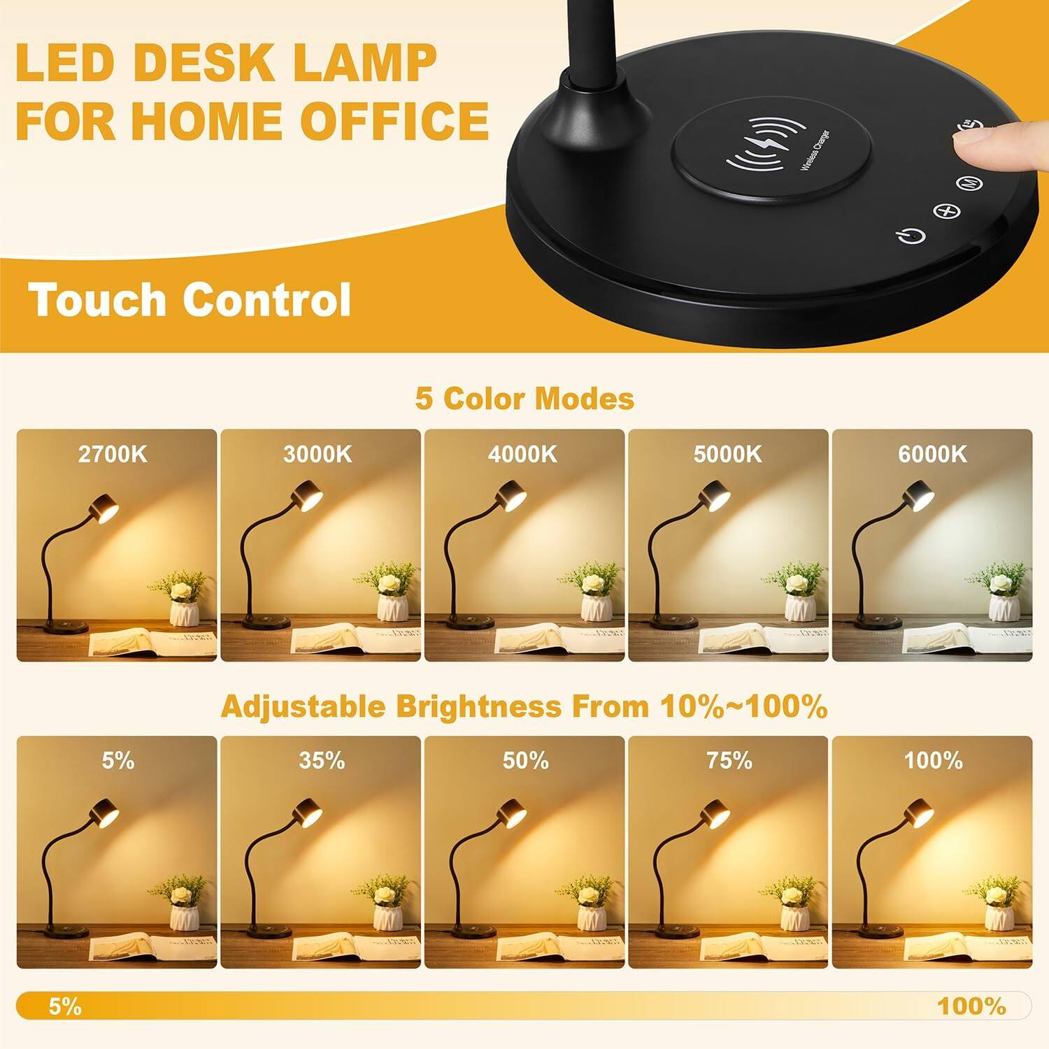 LED Desk Lamp for Home Office

Touch Control

5 Color Modes
- 2700K
- 3000K
- 4000K
- 5000K
- 6000K

Adjustable Brightness From 10%~100%
- 5%
- 35%
- 50%
- 75%
- 100%
