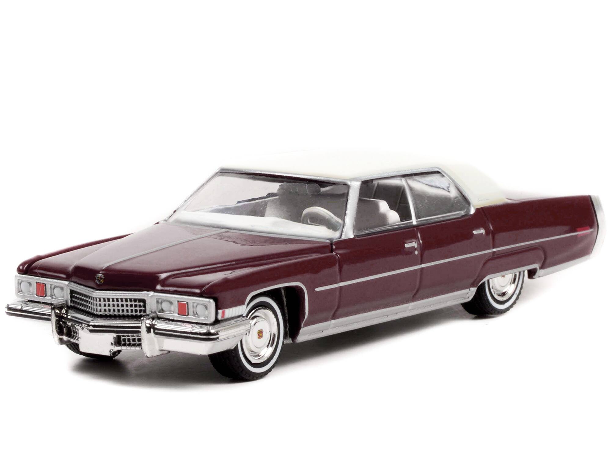 Angle. Greenlight - 1973 Cadillac Sedan DeVille Burgundy/White Top Rocky (1976) Hollywood Series R35 1/64 Diecast Greenlight - Burgundy.
