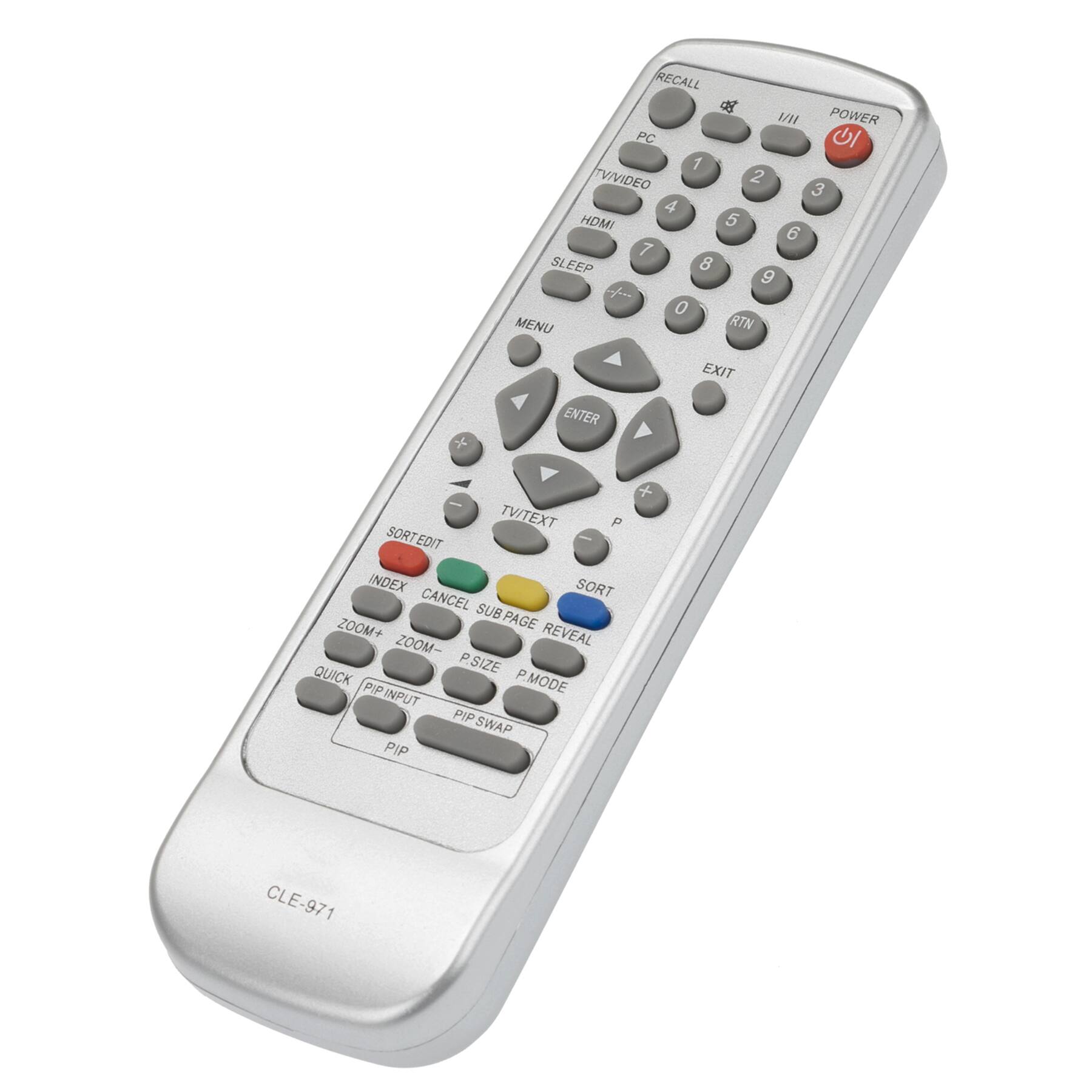 RECALL  
POWER  
PC  
TVVIDEO  
HDMI  
SLEEP  
MENU  
ENTER  
EXIT  
TV/TEXT  
SORT EDIT  
INDEX  
CANCEL  
SUB PAGE  
ZOOM+  
ZOOM-  
P.SIZE  
P.MODE  
PIP INPUT  
PIP SWAP  
PIP  
QUICK  
REVEAL  
SORT  
REVEAL  
CLE-971