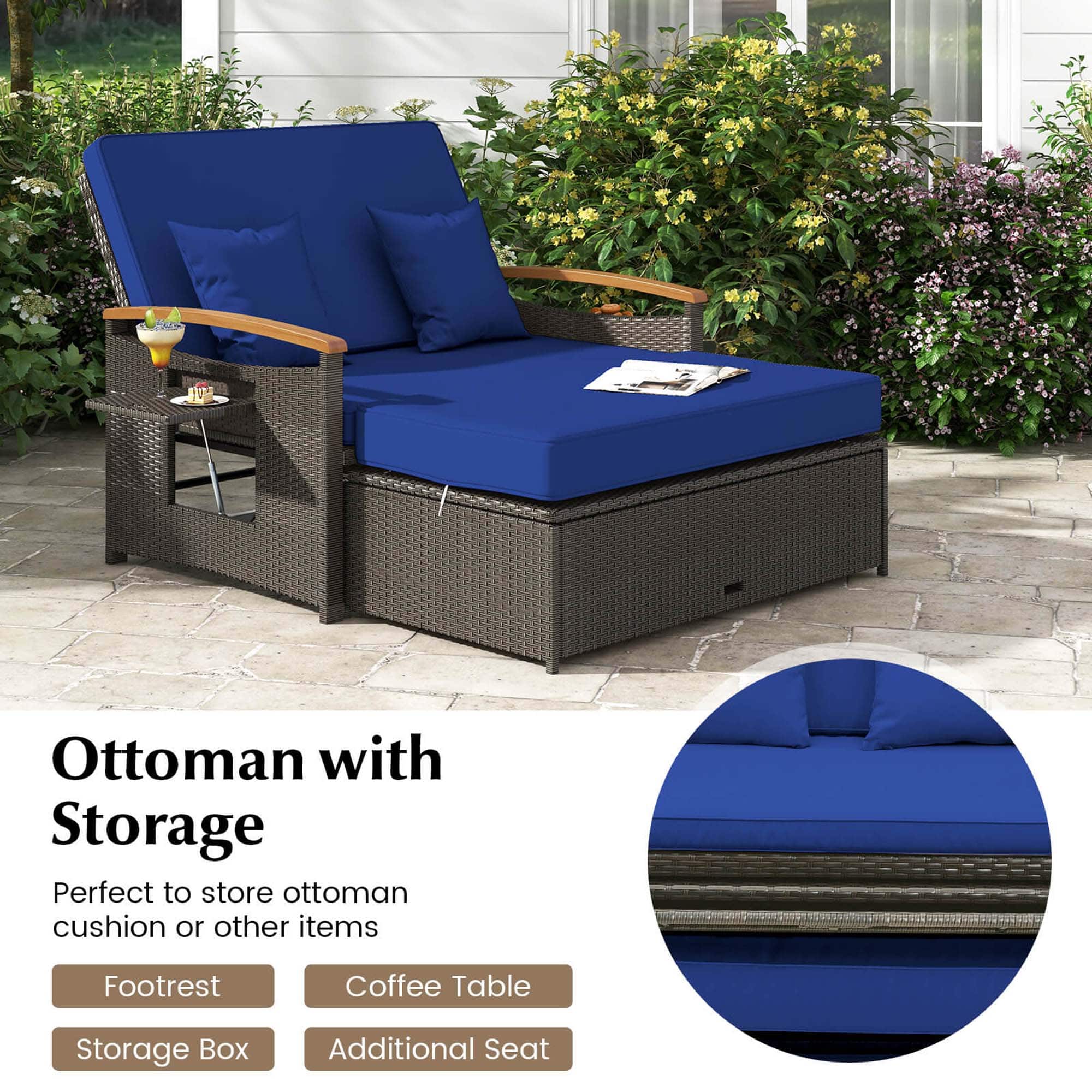 The image features a blue Ottoman with Storage, which is perfect for storing ottoman cushions or other items. It also functions as a footrest and coffee table. The storage box is included, and there is an additional seat available. The Ottoman is placed outside, surrounded by plants and flowers, creating a pleasant and relaxing atmosphere.