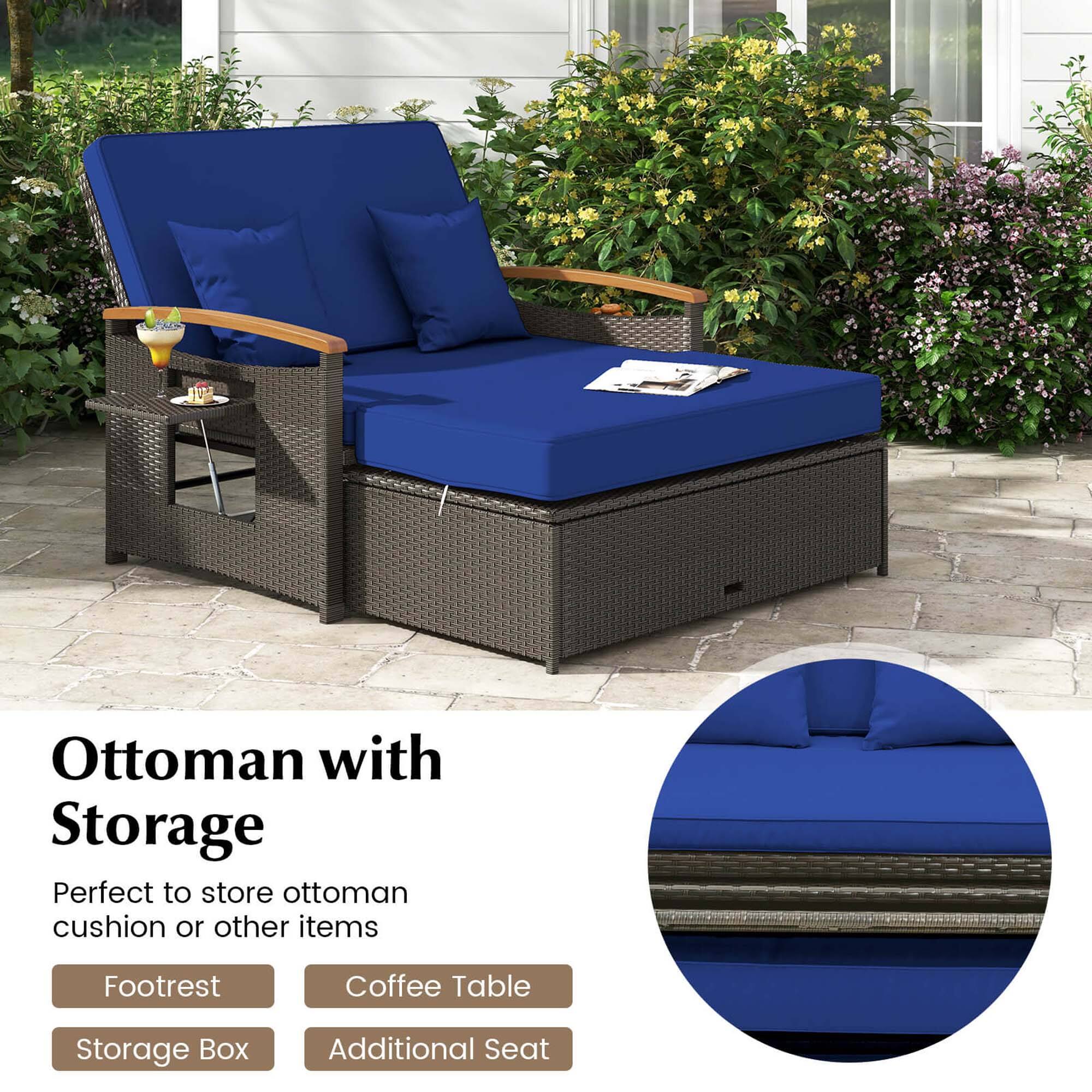 The image features a blue Ottoman with Storage, which is perfect for storing ottoman cushions or other items. It also functions as a footrest and coffee table. The storage box is included, and there is an additional seat available. The Ottoman is placed outside, surrounded by plants and flowers, creating a pleasant and relaxing atmosphere.