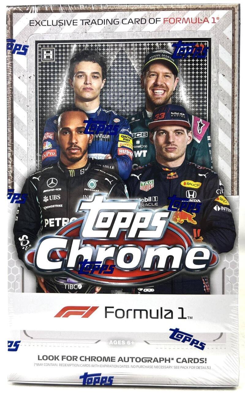 EXCLUSIVE TRADING CARD OF FORMULA 1

Topps Chrome

Formula 1

AGES 6+ LOOK FOR CHROME AUTOGRAPH* CARDS! *MAY CONTAIN REDEMPTION CARDS WITH EXPIRATION DATES. NO PURCHASE NECESSARY SEE PACK FOR DETAILS.