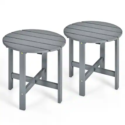 Front. Gymax - Gymax 2 PCS 18'' Patio Round Side End Coffee Table Wooden Slat Deck Grey - Grey.