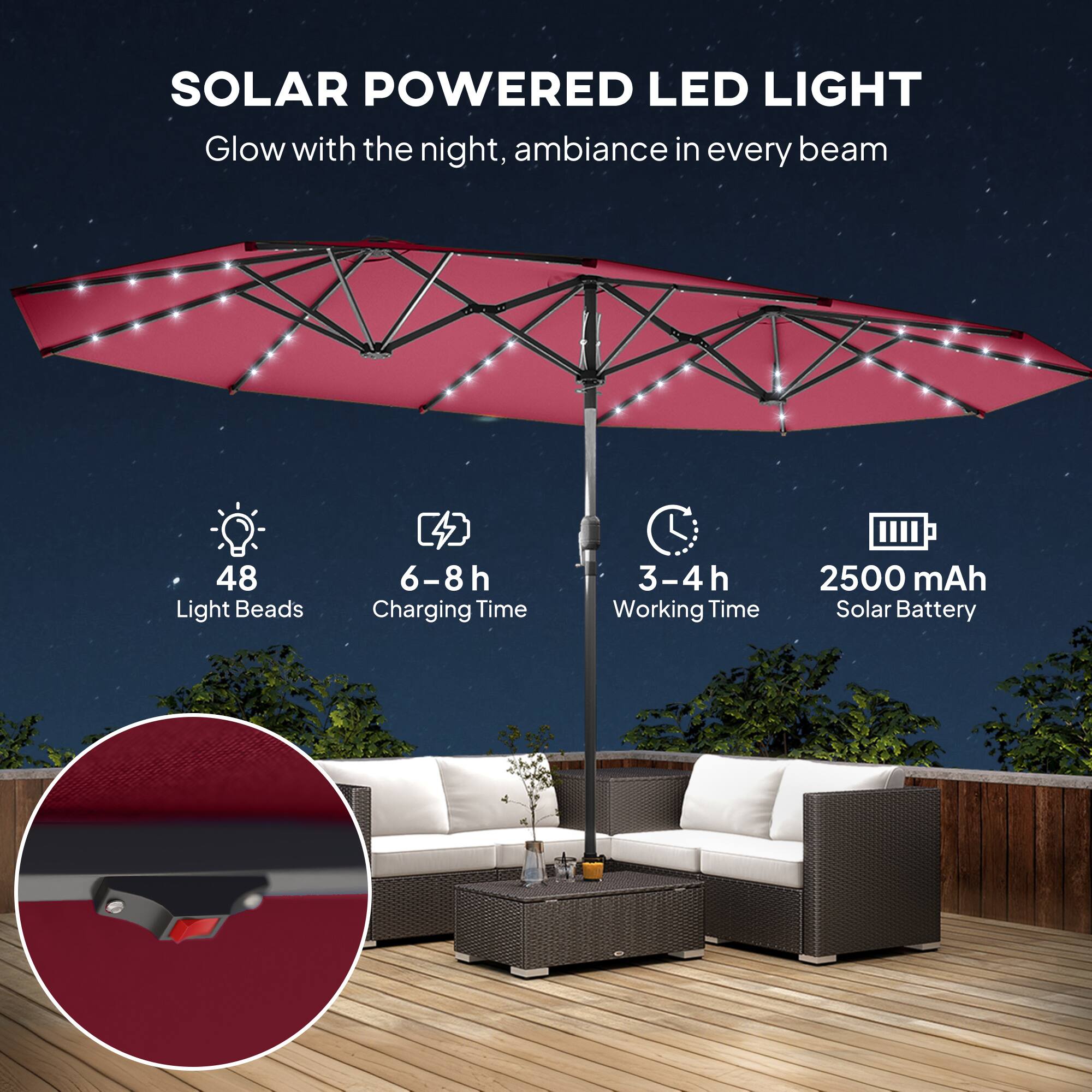 SOLAR POWERED LED LIGHT  
Glow with the night, ambiance in every beam  

- 48 Light Beads  
- 6-8h Charging Time  
- 3-4h Working Time  
- 2500 mAh Solar Battery