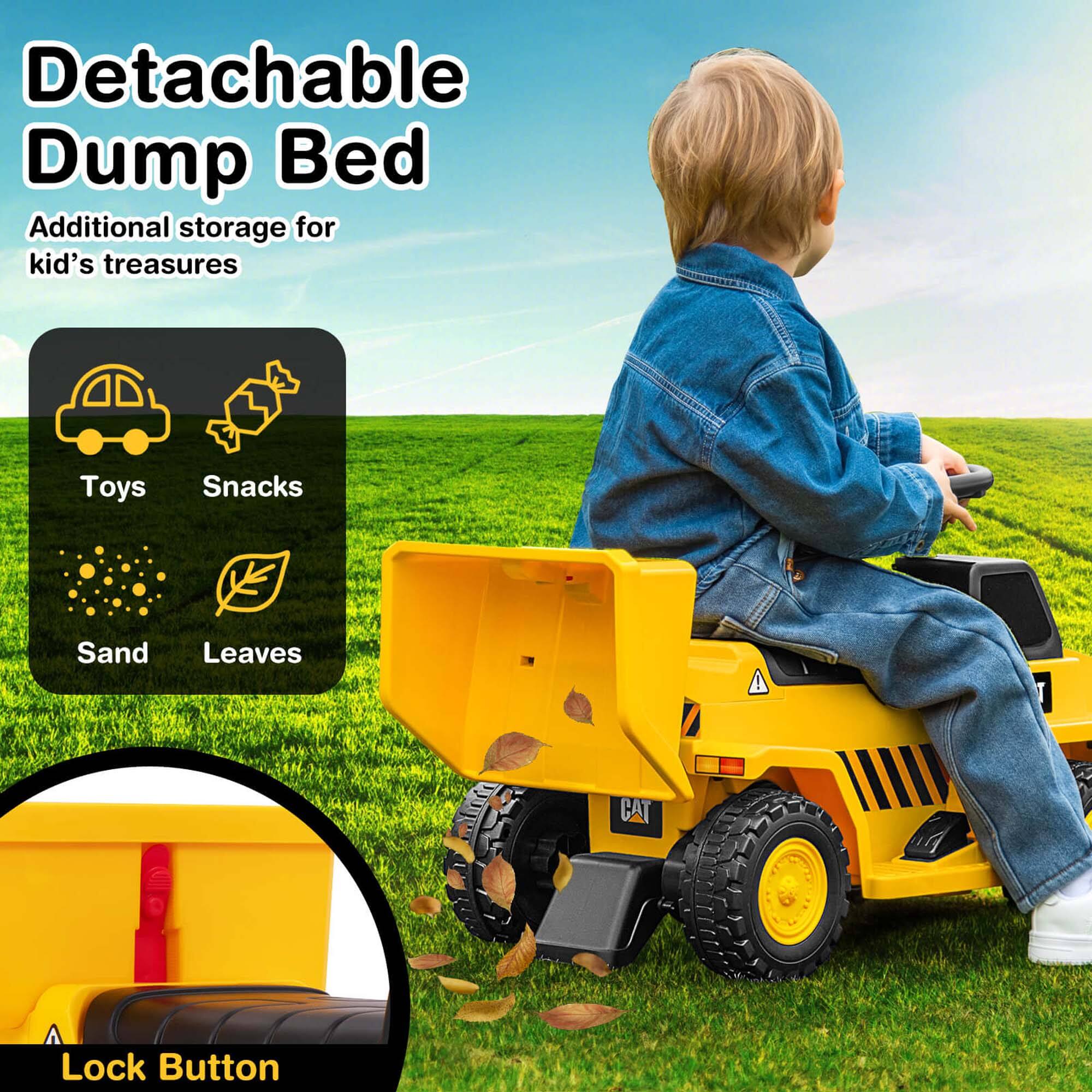 Detachable Dump Bed  
Additional storage for kid's treasures  

Toys  
Snacks  
Sand  
Leaves  

Lock Button