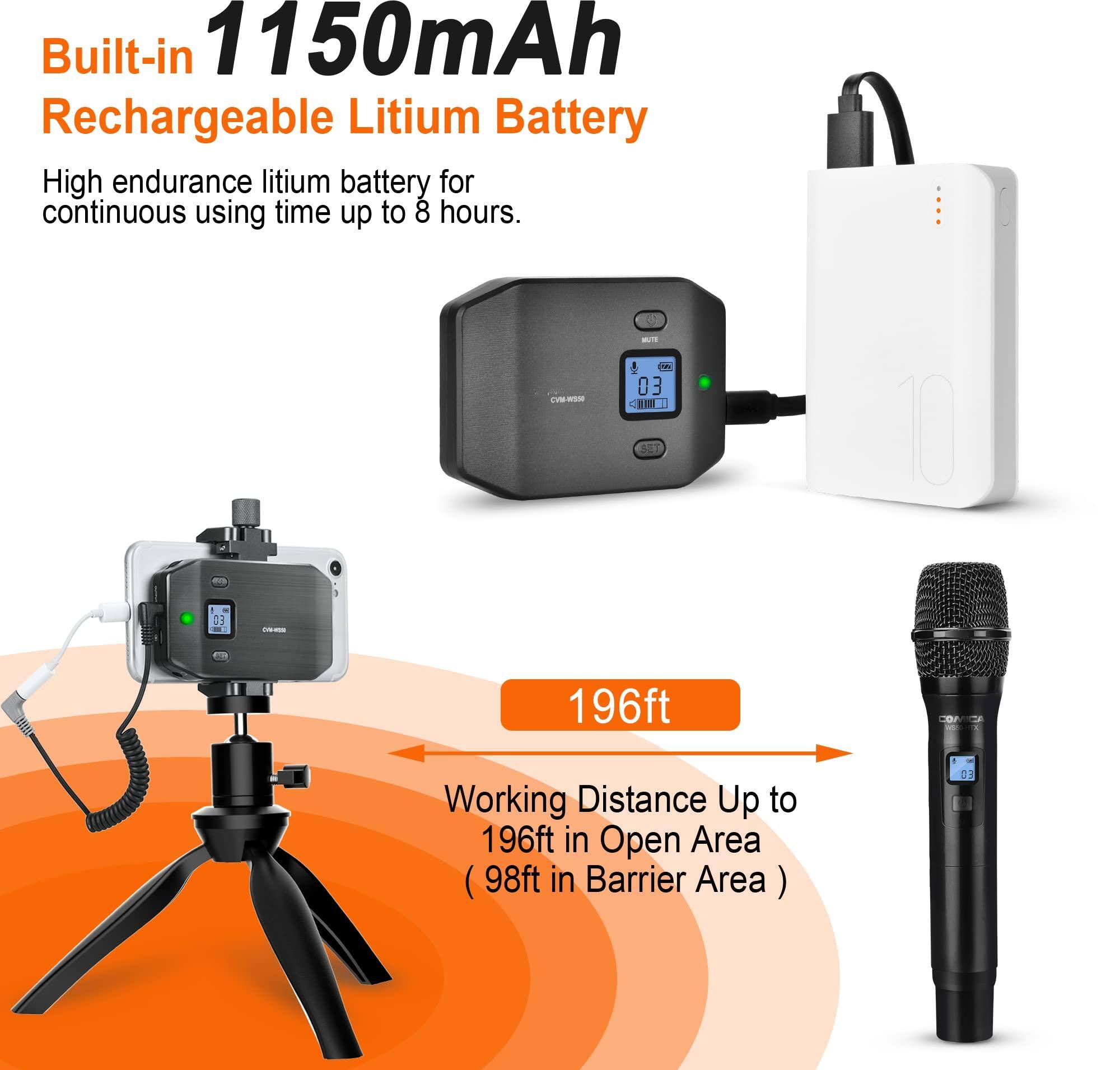 Built-in 1150mAh Rechargeable Lithium Battery

High endurance lithium battery for continuous using time up to 8 hours.

Working Distance Up to 196ft in Open Area (98ft in Barrier Area)