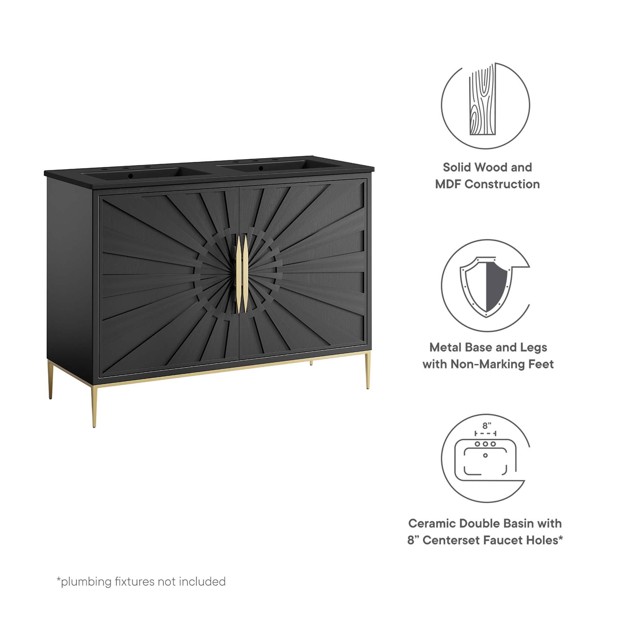 Solid Wood and MDF Construction  
Metal Base and Legs with Non-Marking Feet  
8" Ceramic Double Basin with 8" Centerset Faucet Holes*  
*plumbing fixtures not included