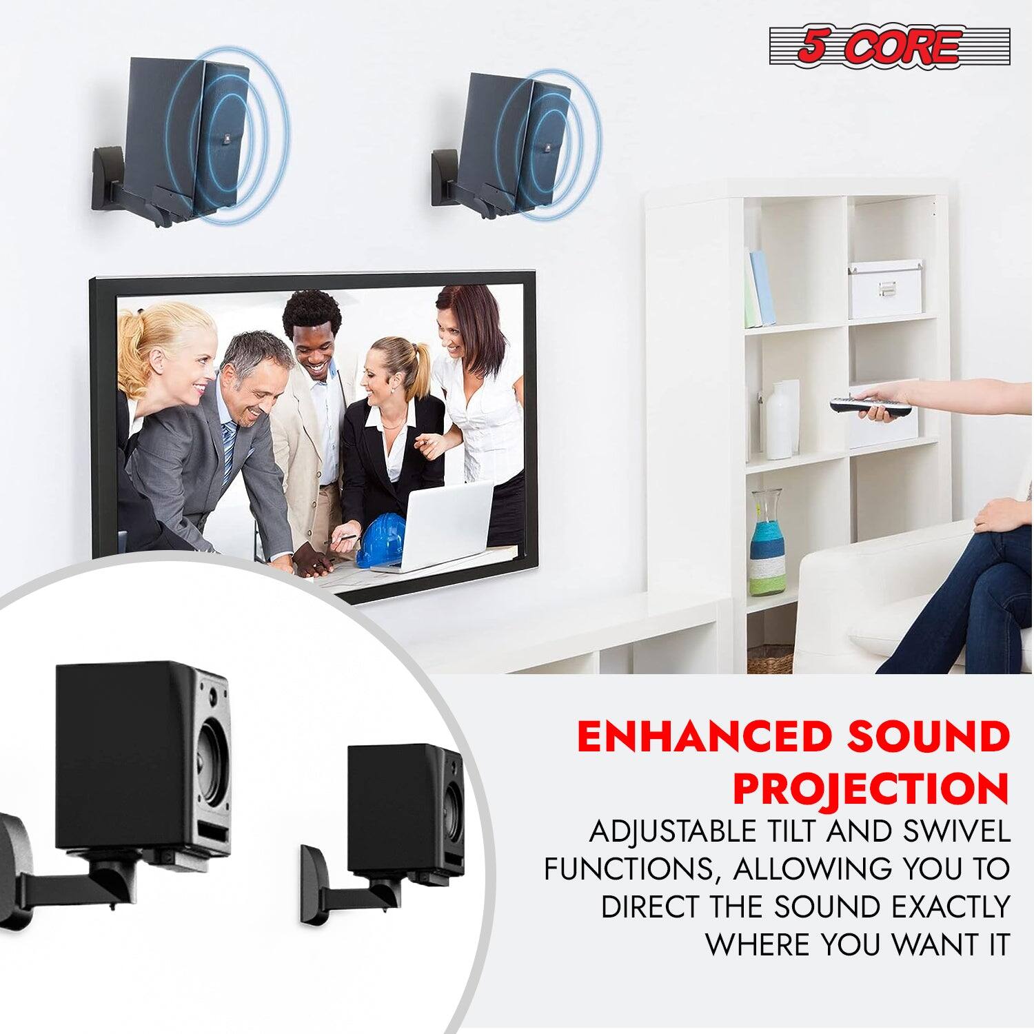 The text on the image can be grouped and corrected as follows:

"5 CORE ENHANCED SOUND PROJECTION, ADJUSTABLE TILT AND SWIVEL FUNCTIONS, ALLOWING YOU TO DIRECT THE SOUND EXACTLY WHERE YOU WANT IT."

This text highlights the key features of the product, emphasizing its enhanced sound projection capabilities and the flexibility provided by the adjustable tilt and swivel functions.